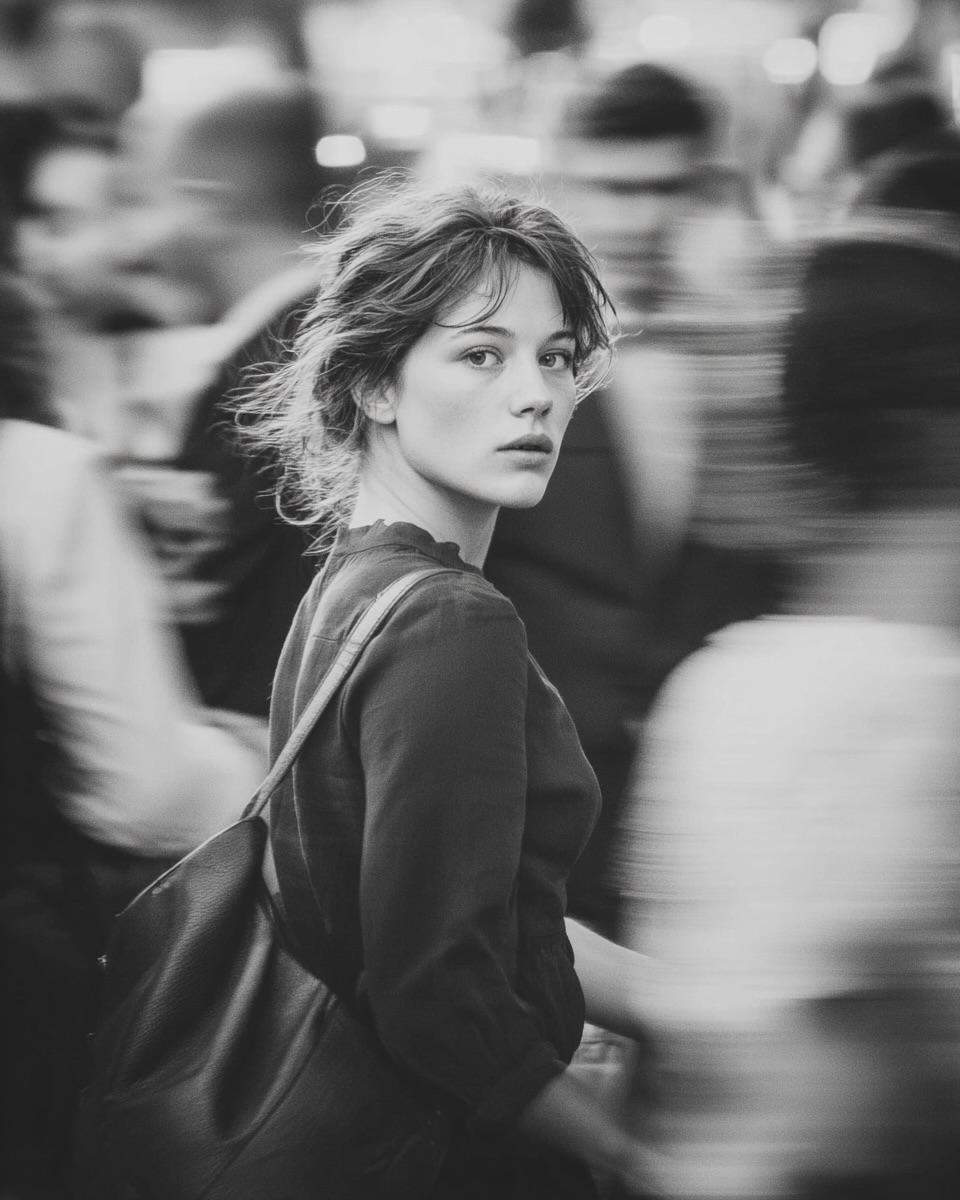 A cinematic street portrait of a young woman walking through a busy cit…