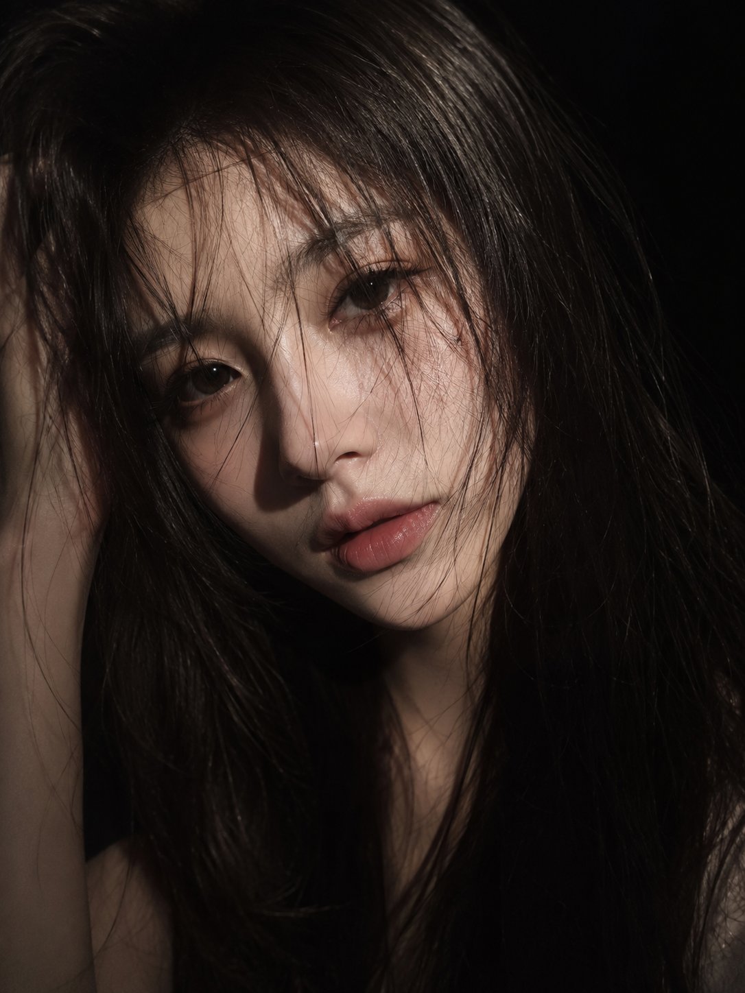 A cinematic close-up portrait of a young East Asian woman with long sli… 1