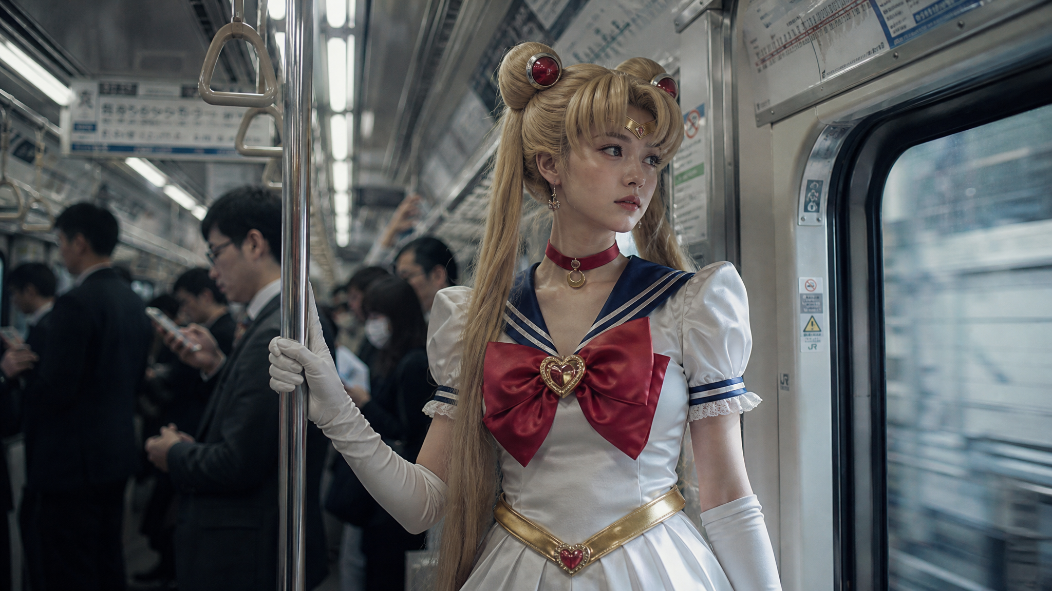 主体内容：一位年轻女性，身着经典水手服风格的动漫角色服装，整体造型参考自《美少女战士》中的月野兔（Sailor Moon），包括白色连衣裙、深…