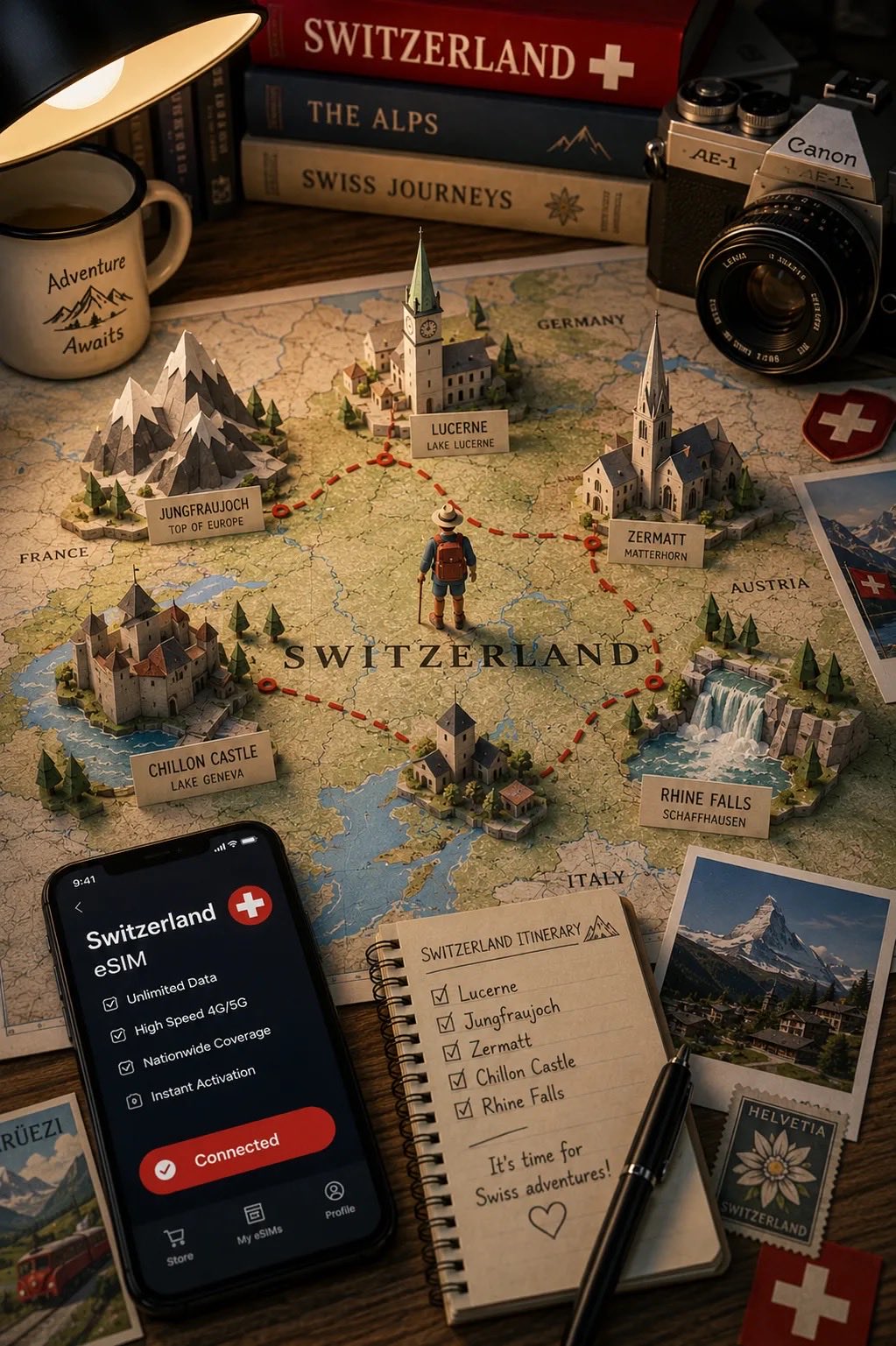 A premium travel-planning tabletop scene for [LOCATION], photographed f… 1
