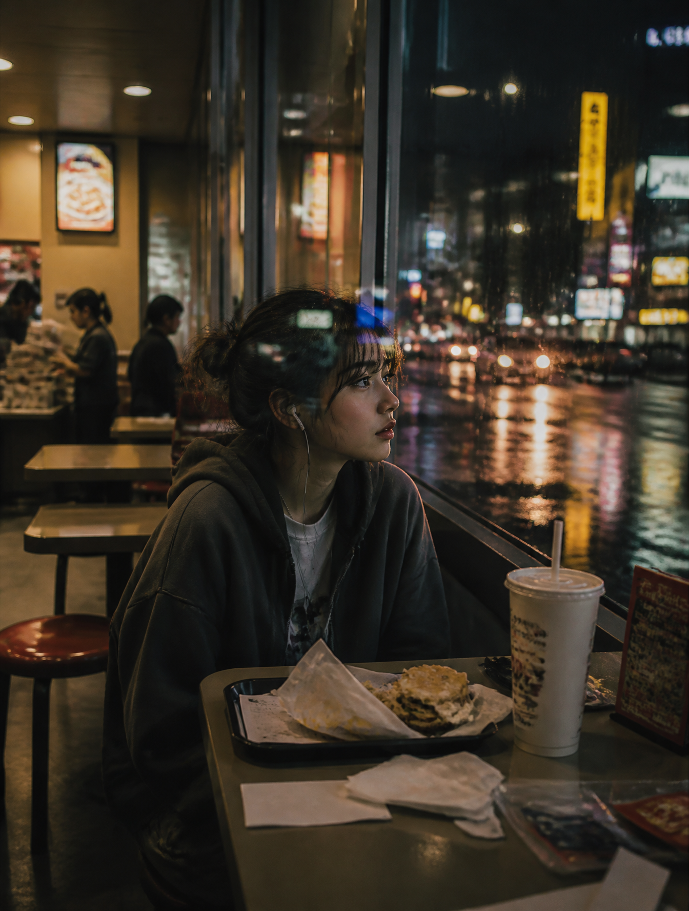 A young woman sitting alone inside a fast-food restaurant fifteen minut…