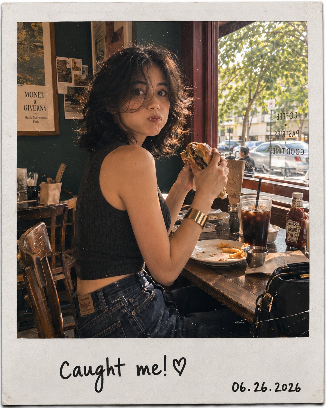 Aesthetic candid café snapshot presented as a realistic vintage Polaroi… 1