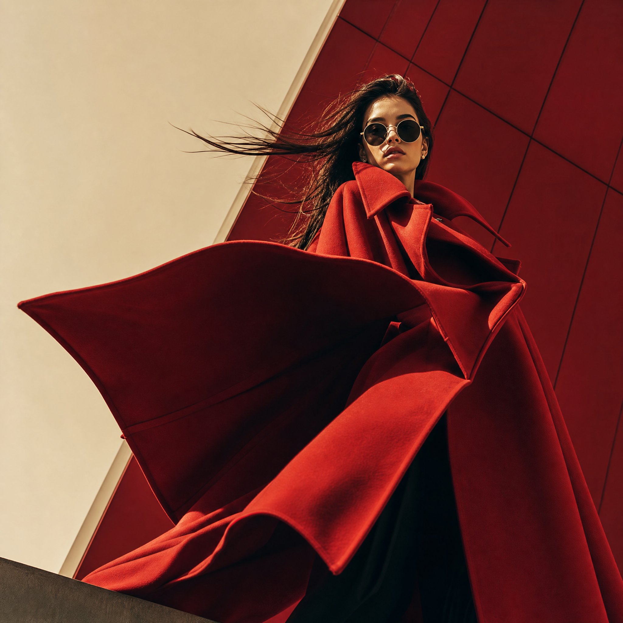 High-fashion editorial portrait, young woman with sleek pulled-back dar…