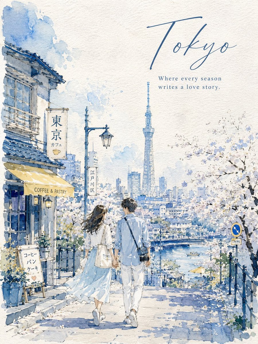 Create a 3:4 vertical watercolor urban sketch travel poster on textured…