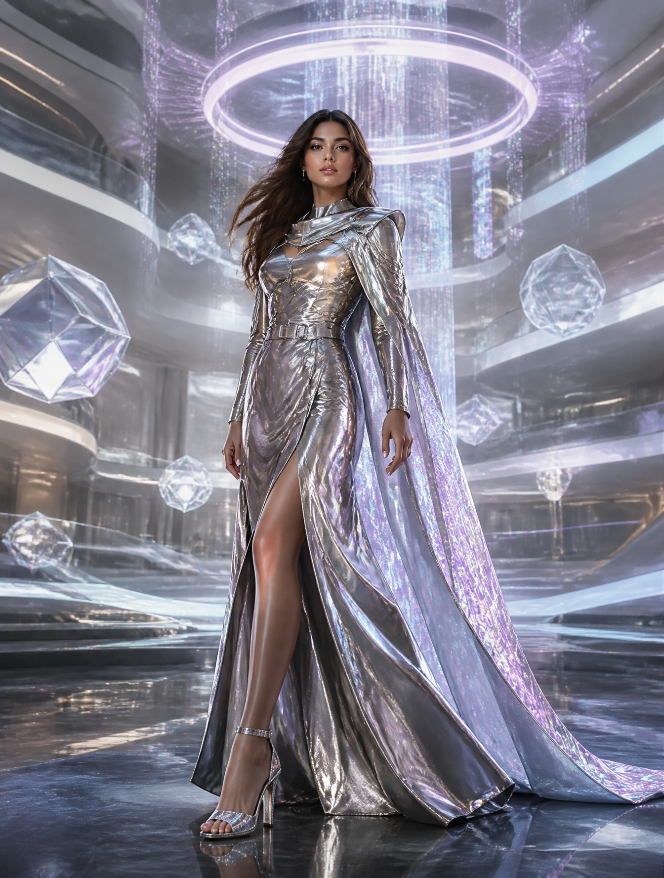 Ultra-realistic futuristic luxury fashion editorial featuring a confide…