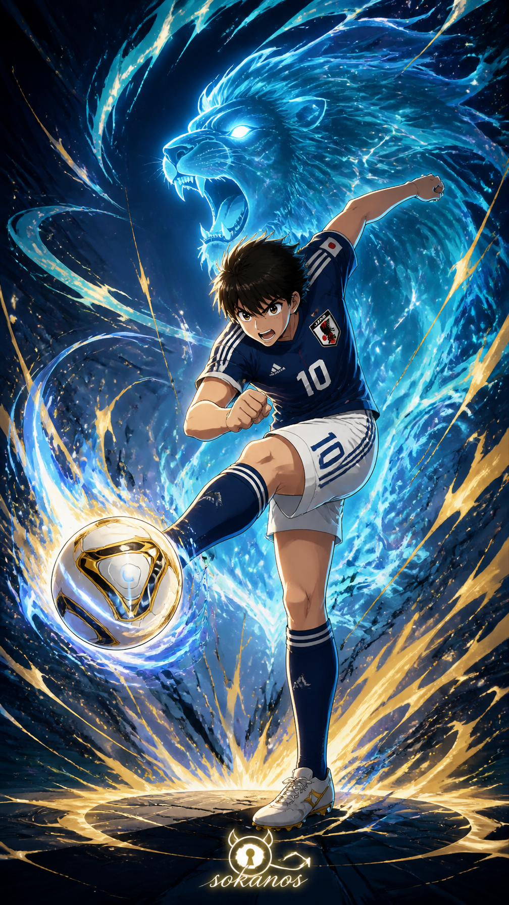 A legendary premium anime poster of Tsubasa Ozora in a stylized modern …