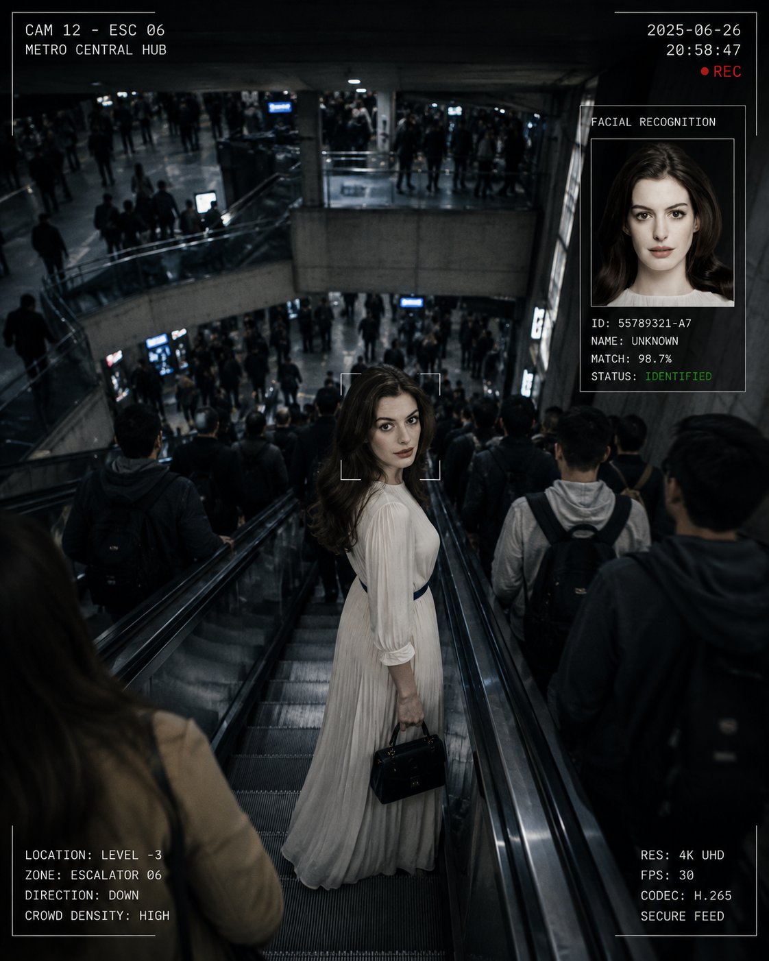 Create a cinematic surveillance-thriller image set inside a massive mul… 1