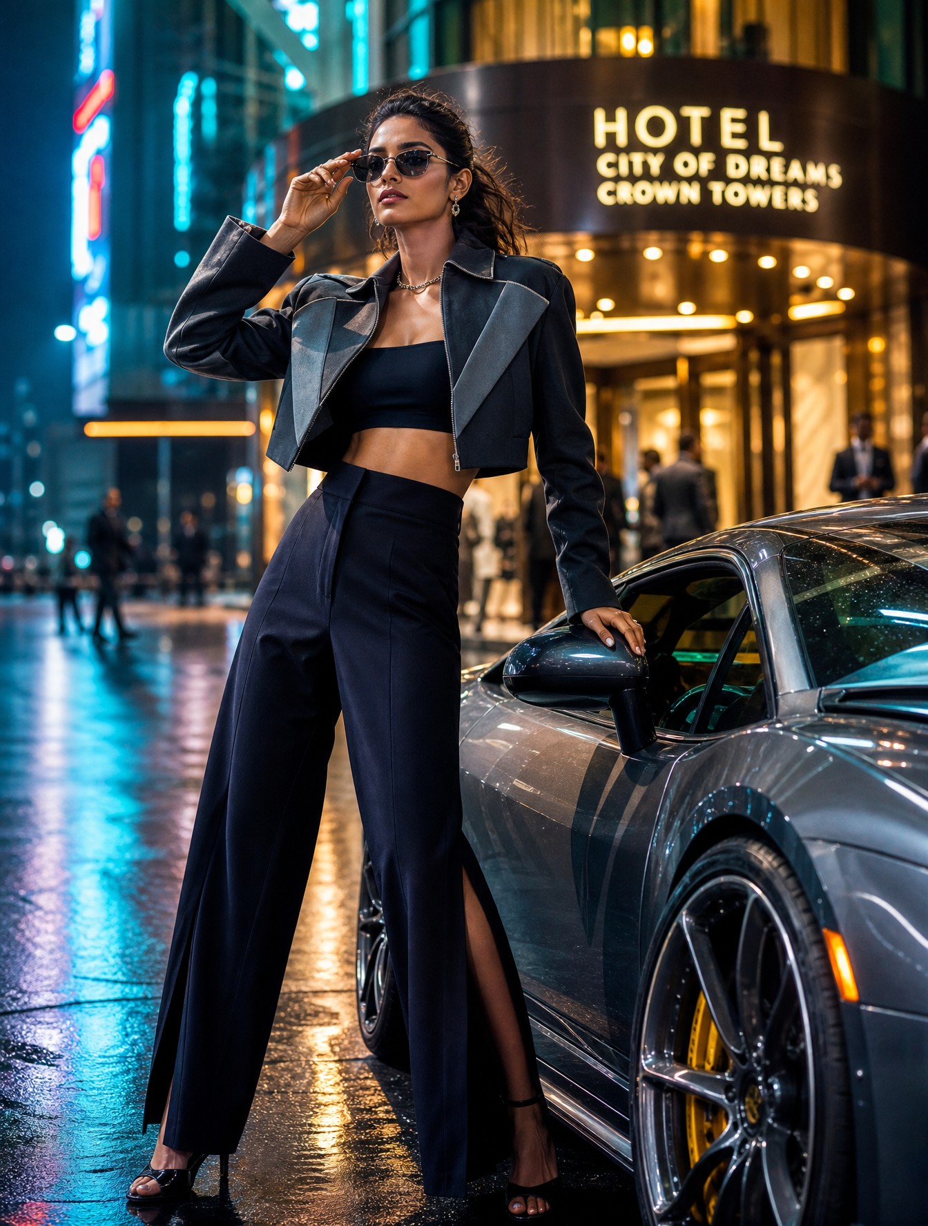 A striking South Asian fashion model in a high-end modern street-luxury…
