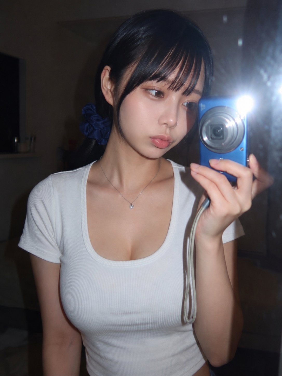 Create an ultra-realistic mirror selfie of a beautiful young East Asian…