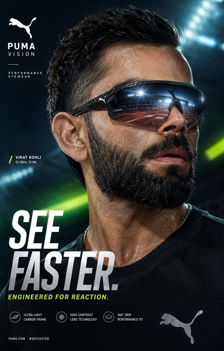 Ultra-premium global sports campaign poster featuring Virat Kohli weari…