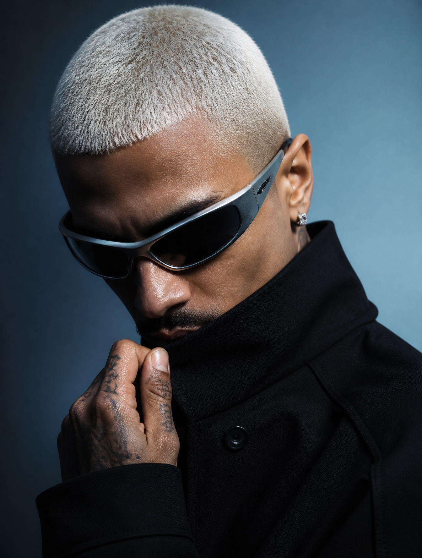 A realistic photograph of a man posed in a high-fashion editorial studi…