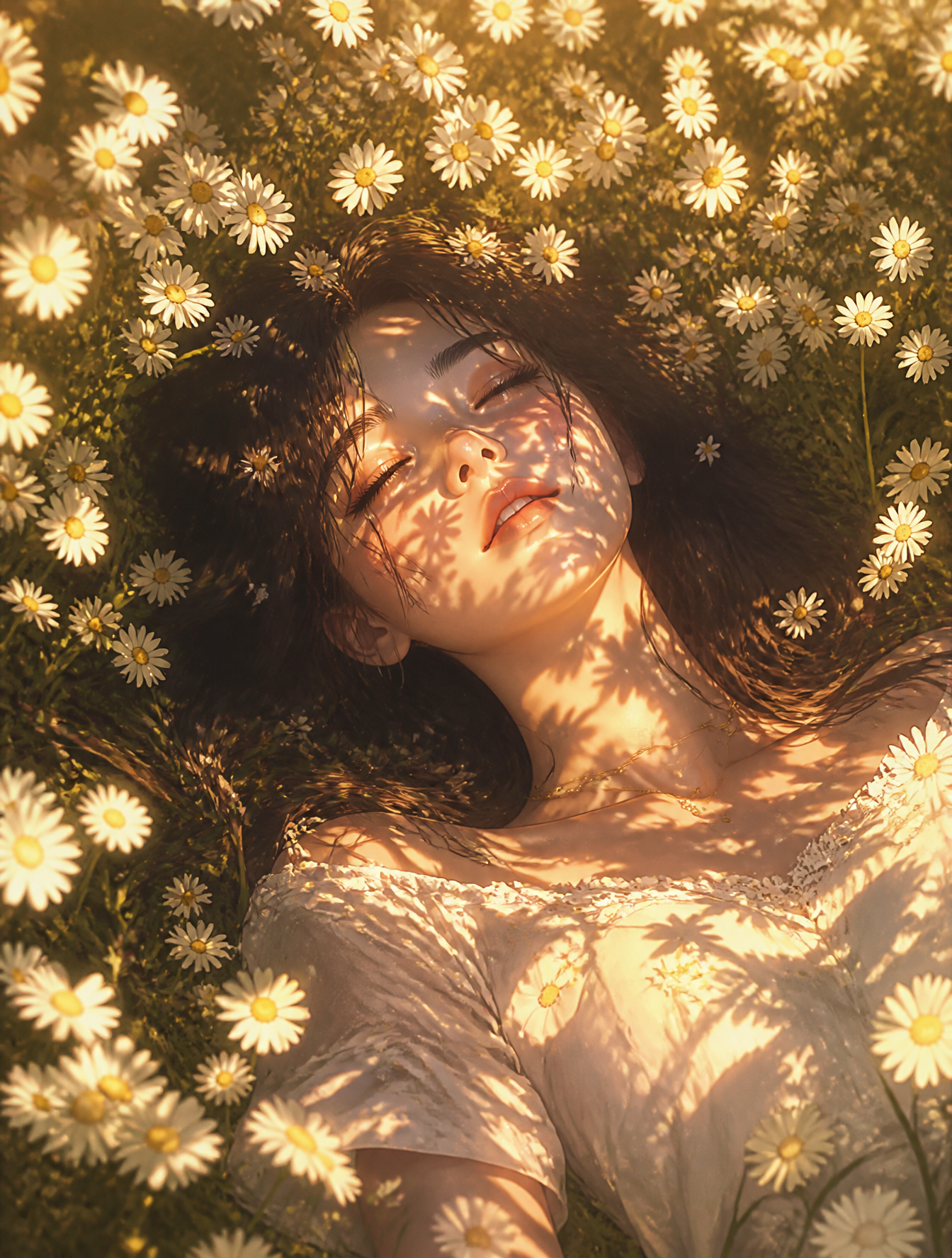A young woman lying in a vast field of white daisies, sunlight filterin…