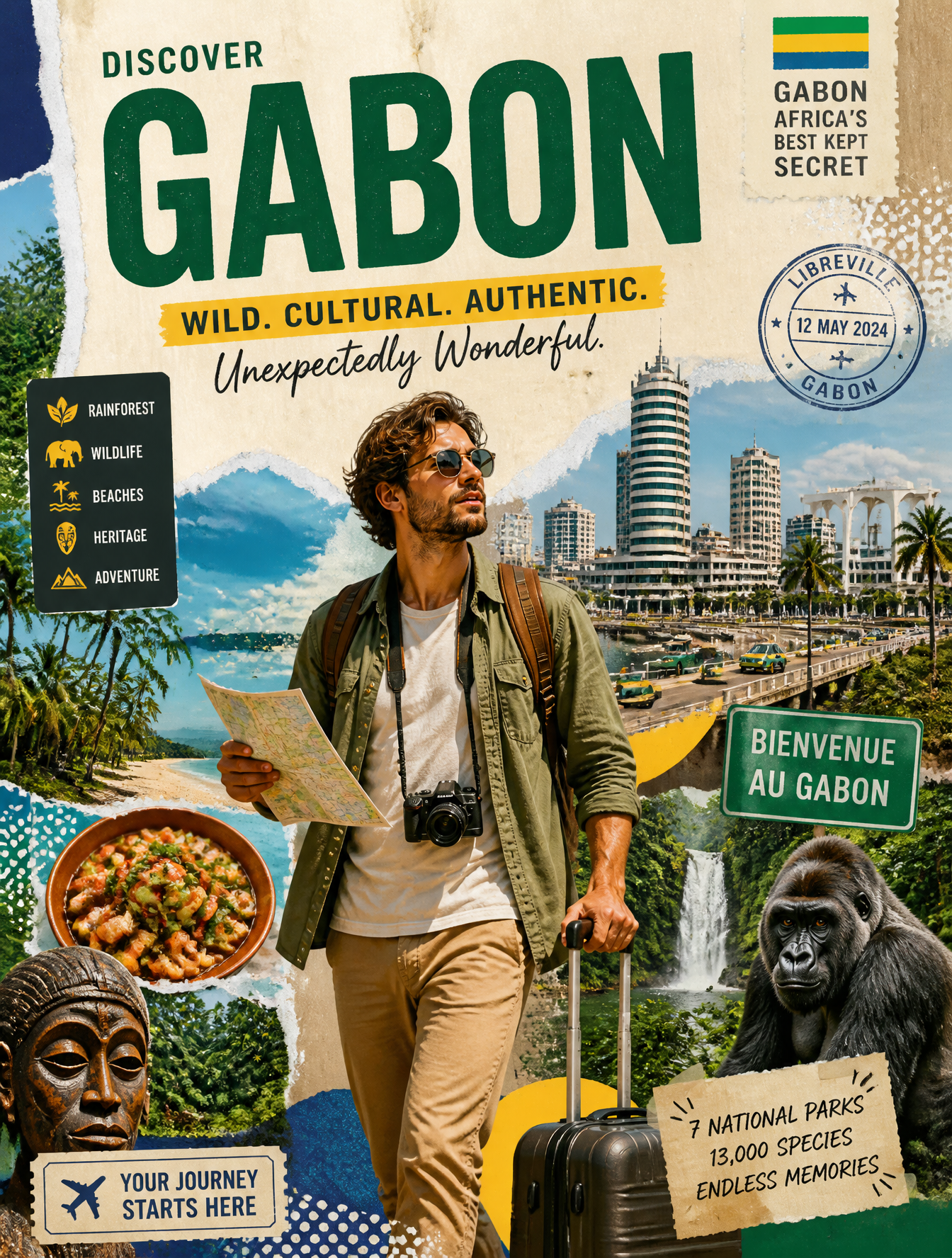 Create a stylized travel poster for [Gabon].The main subject should be …