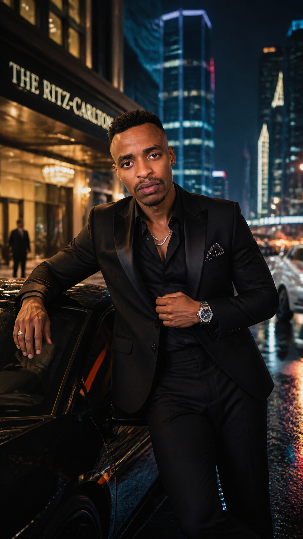 A striking South Asian male fashion model wearing a luxury black tailor…