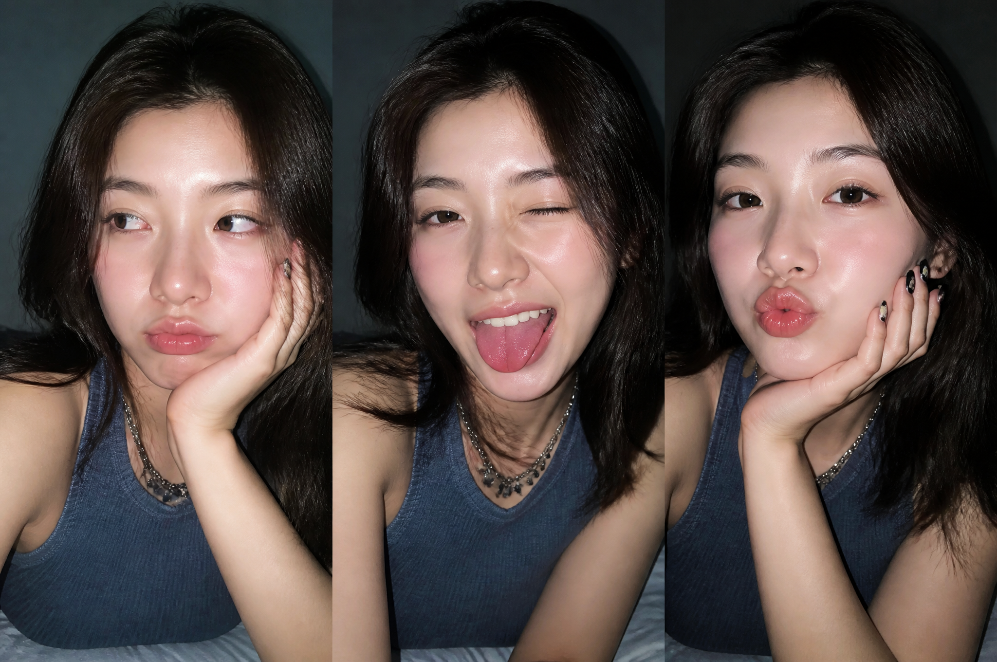 Ultra-realistic Gen Z selfie photo collage, three vertical smartphone f…