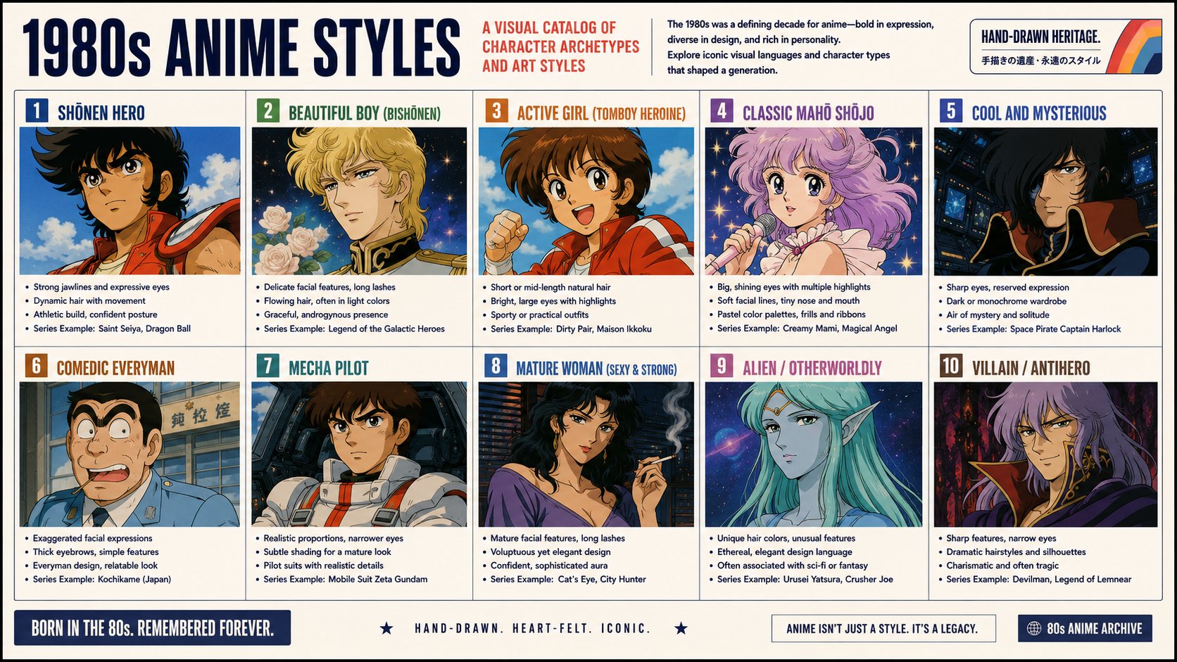 Create an English infographic catalog poster showing 1990s anime charac… 1