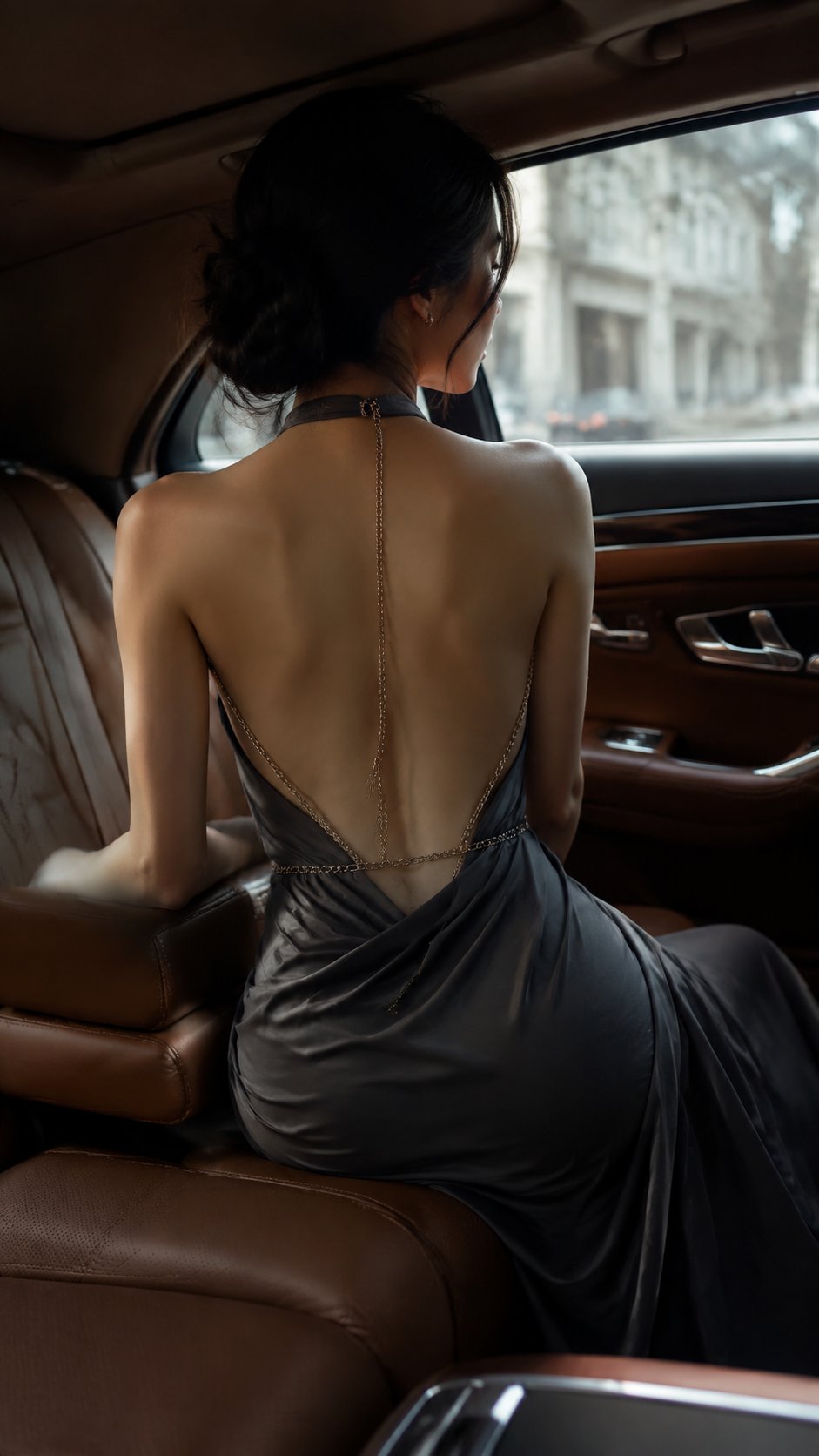 Realistic backless fashion editorial inside a luxury car, vertical 9:16…