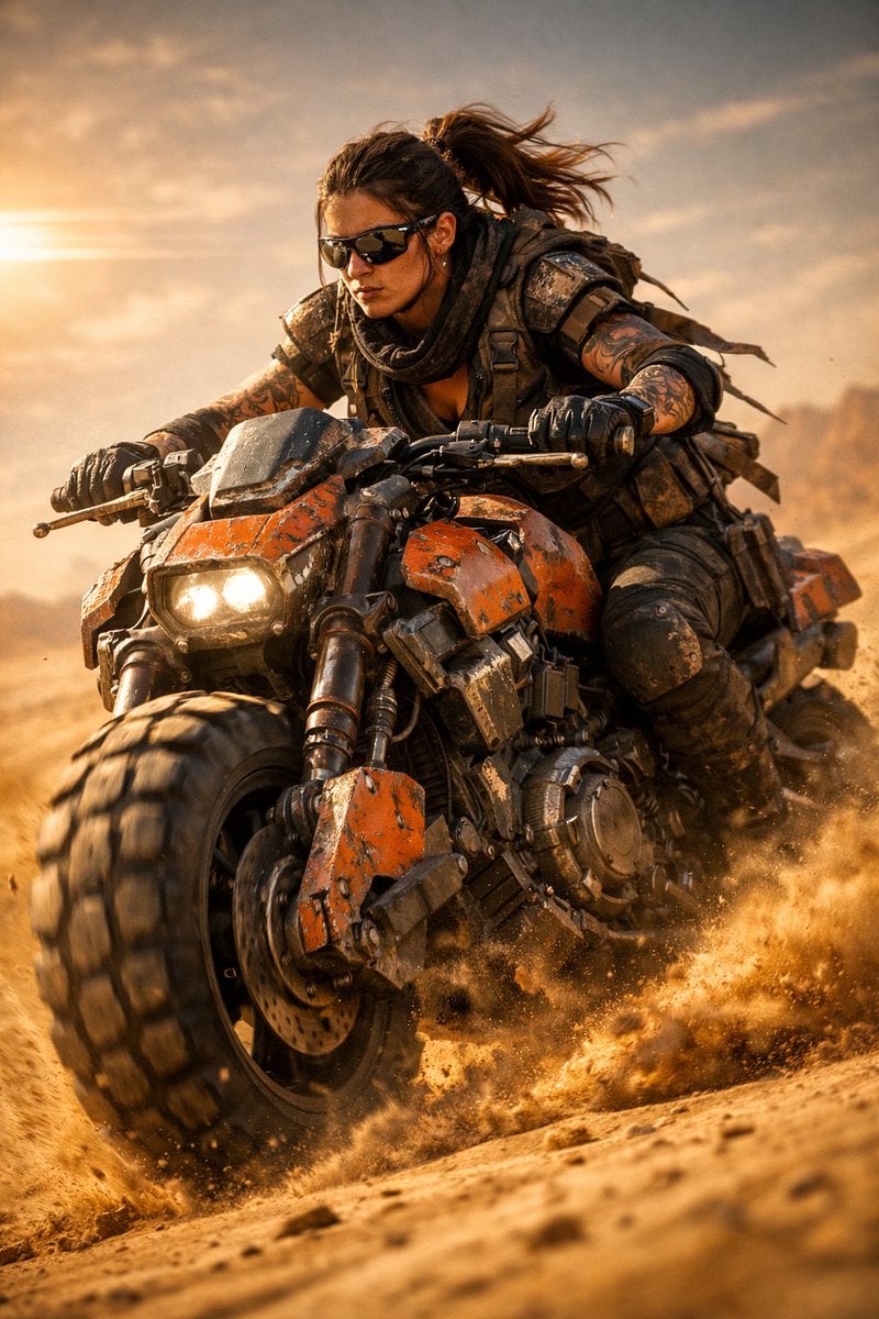 Use the uploaded picture to create a cinematic sci-fi scene of a fierce…