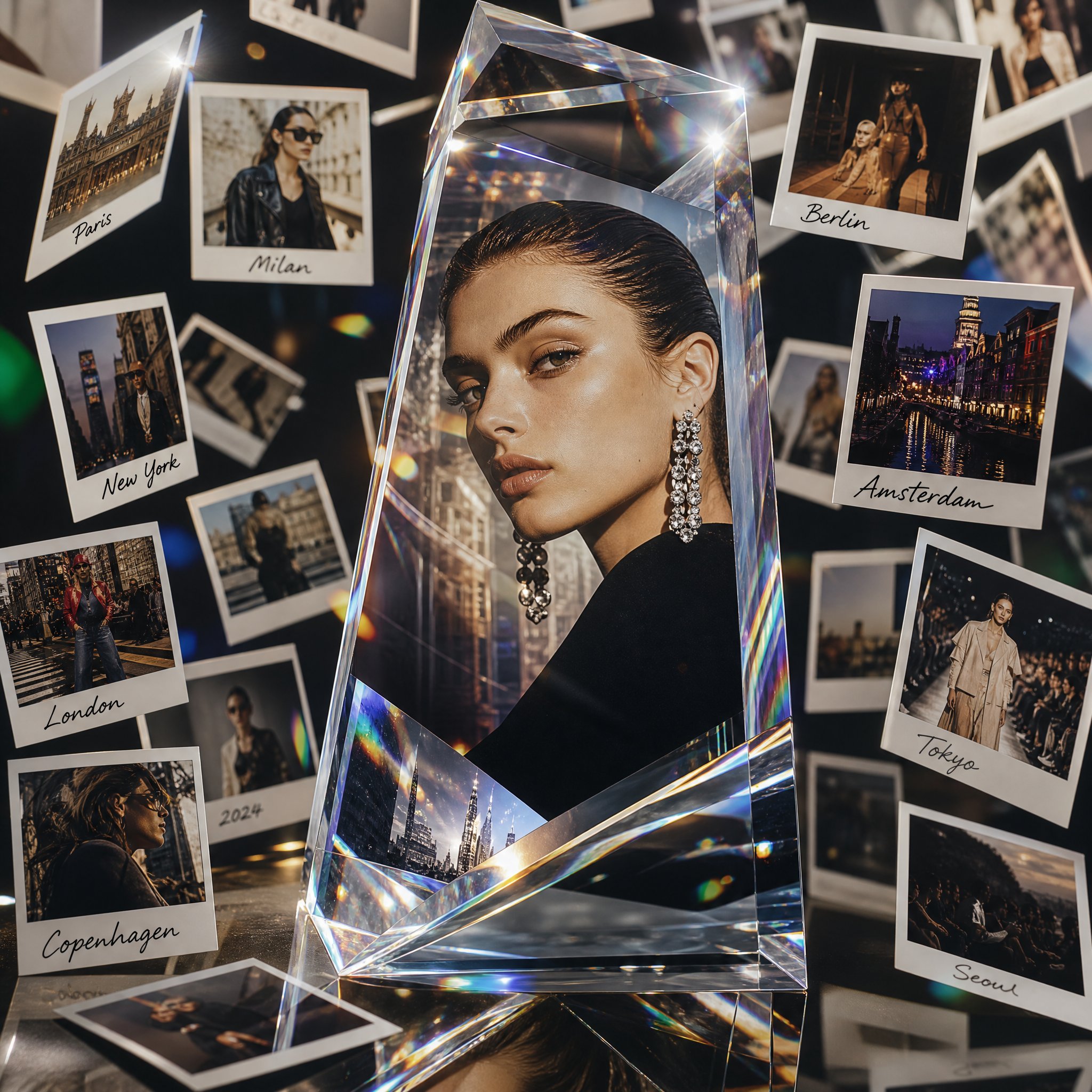 Luxury fashion campaign where a monumental crystal prism acts as a visu…