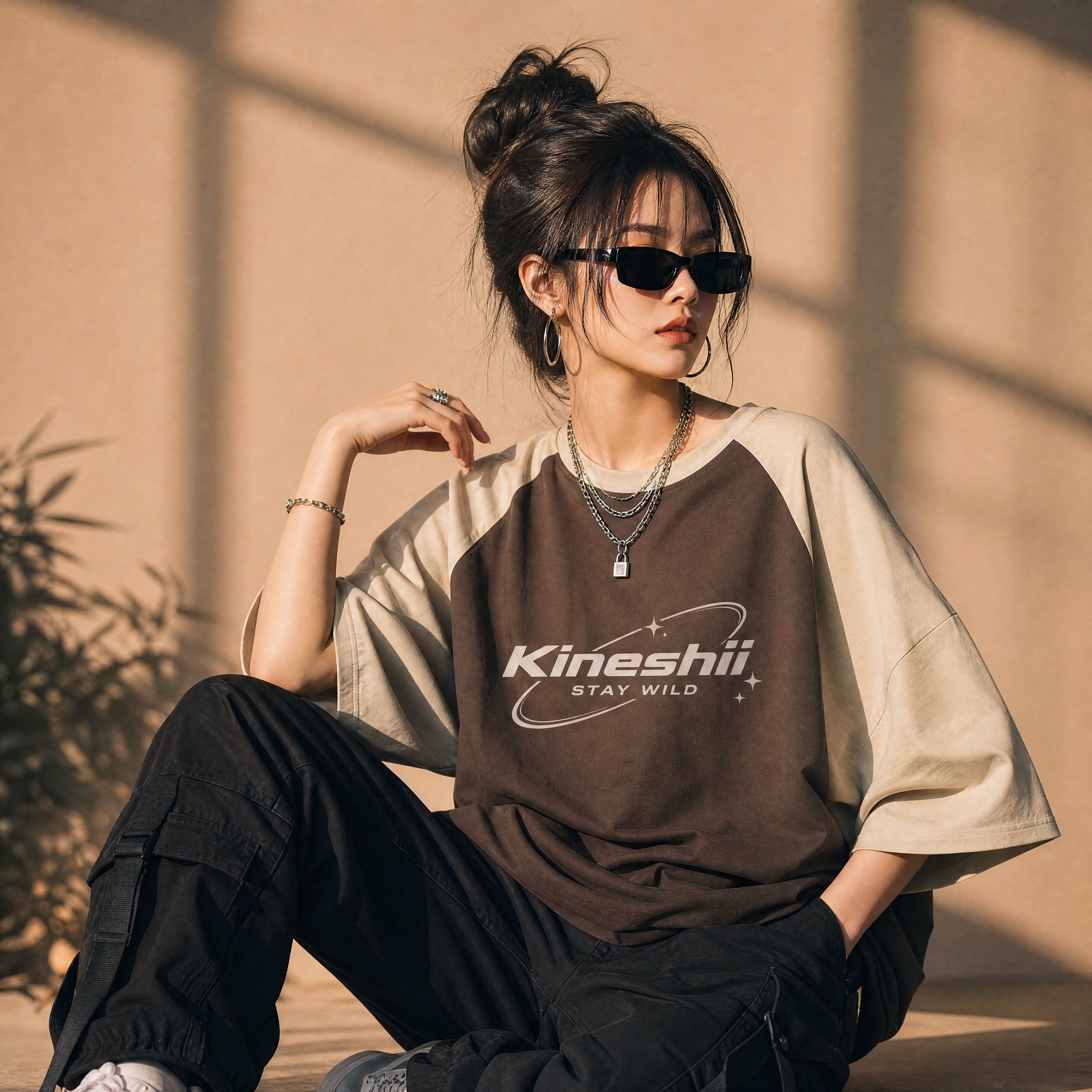Create a premium minimalist streetwear fashion advertisement featuring …