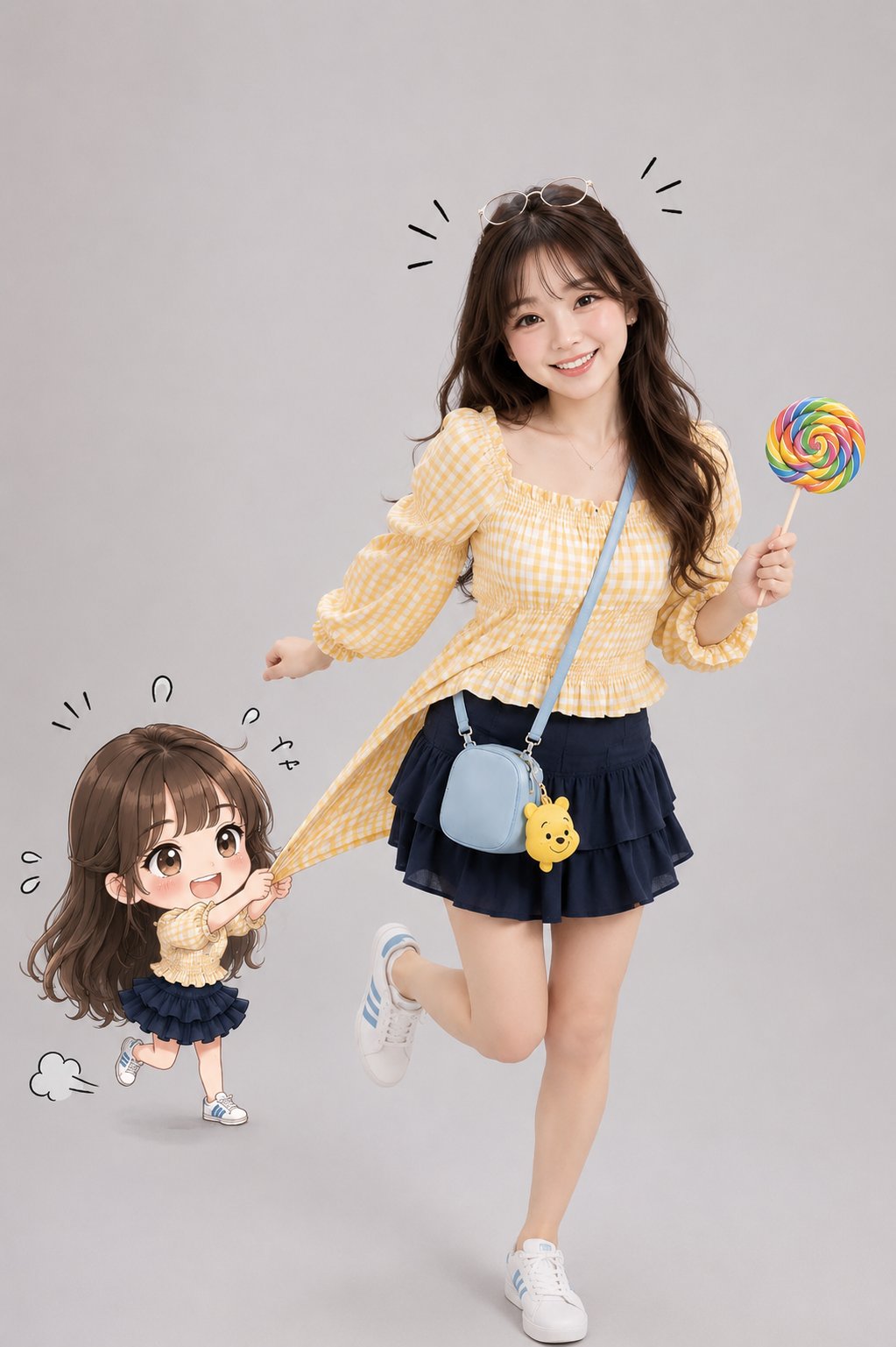 A full-body professional studio portrait of a cheerful young Japanese w…