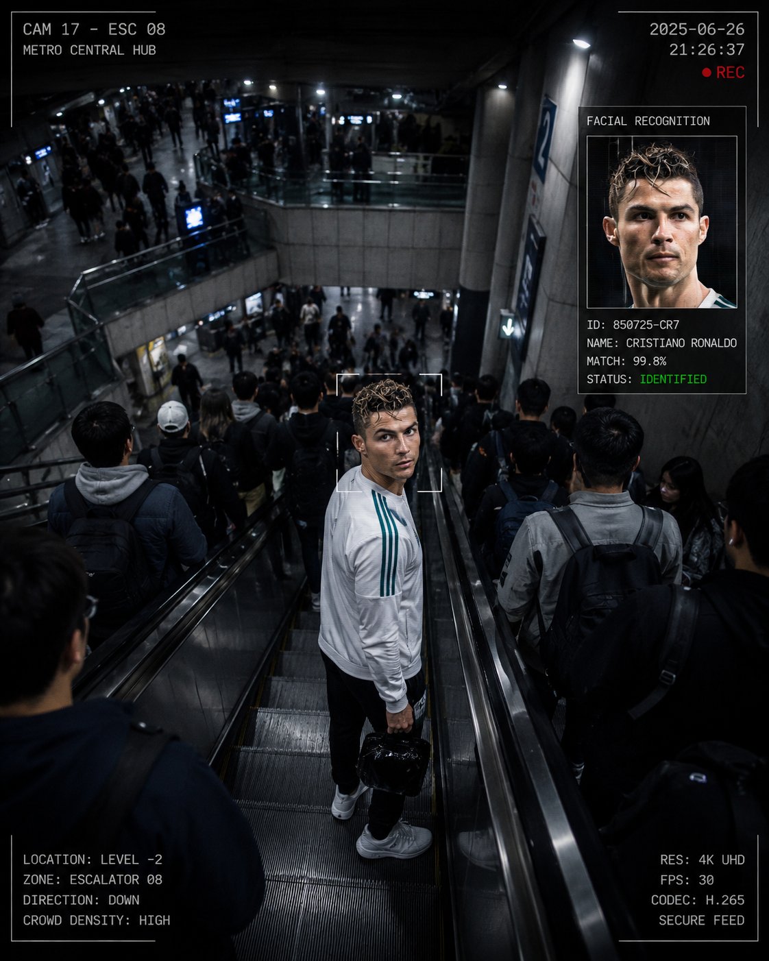 Create a cinematic surveillance-thriller image set inside a massive mul…