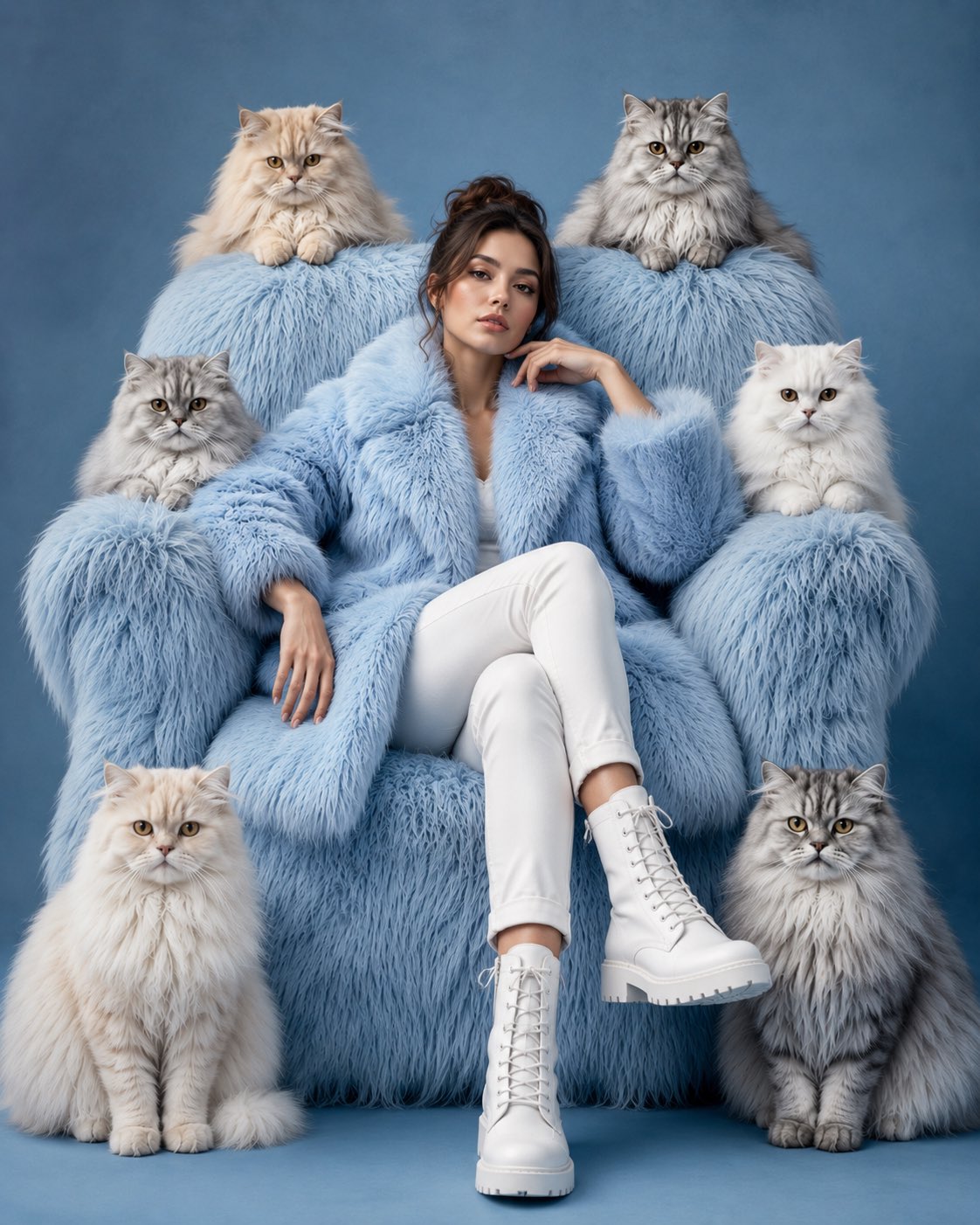 A luxury fashion editorial portrait of a confident young woman seated e… 1