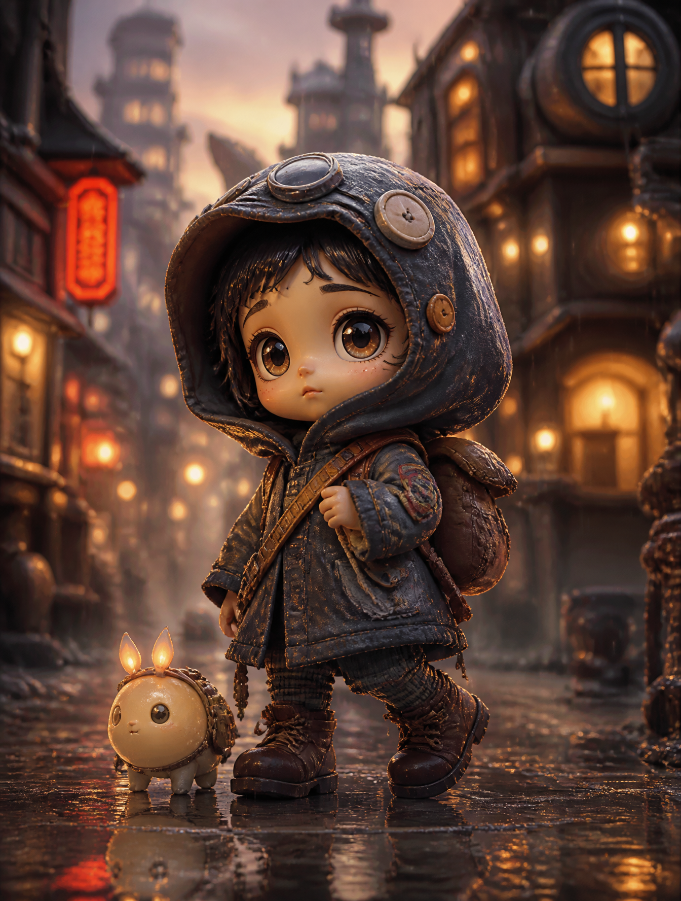 adorable tiny child adventurer in a whimsical fantasy world, big head s…