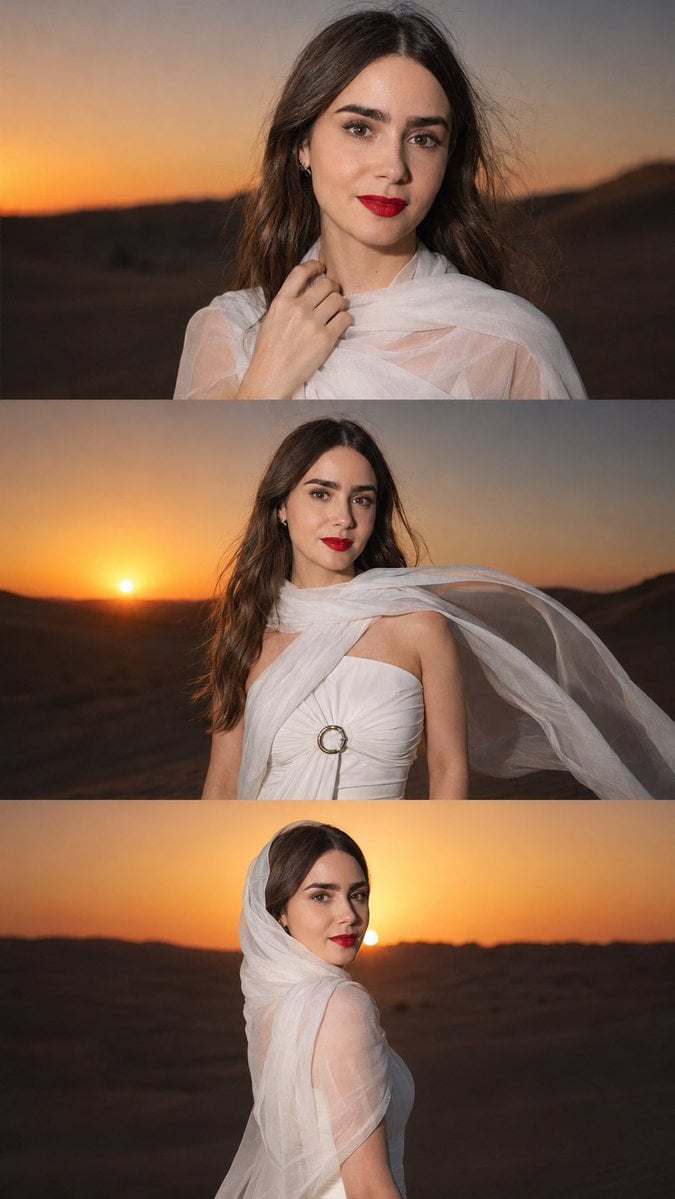 Vertical three-panel cinematic collage, stacked top to bottom, 9:16. Sa…
