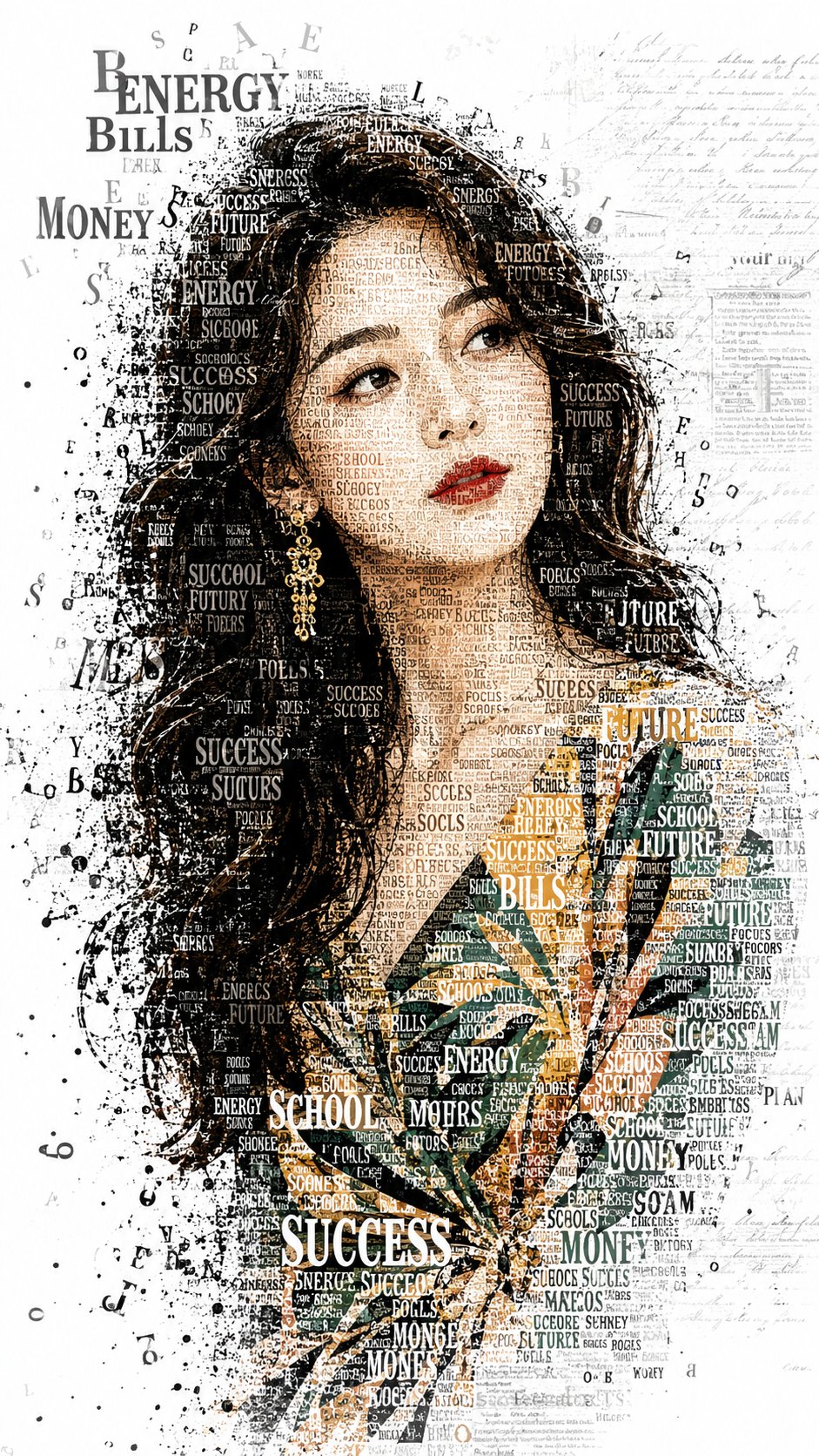 A striking typographic portrait of a young woman with a thoughtful, thr…