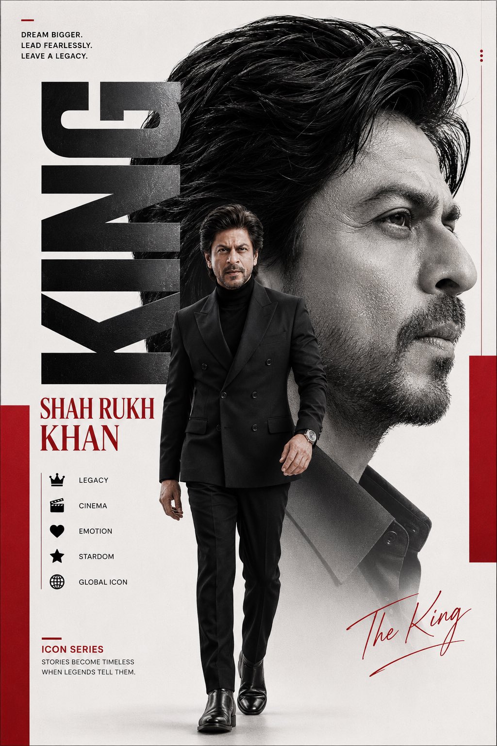 Create a premium luxury editorial poster featuring Shah Rukh Khan in a …
