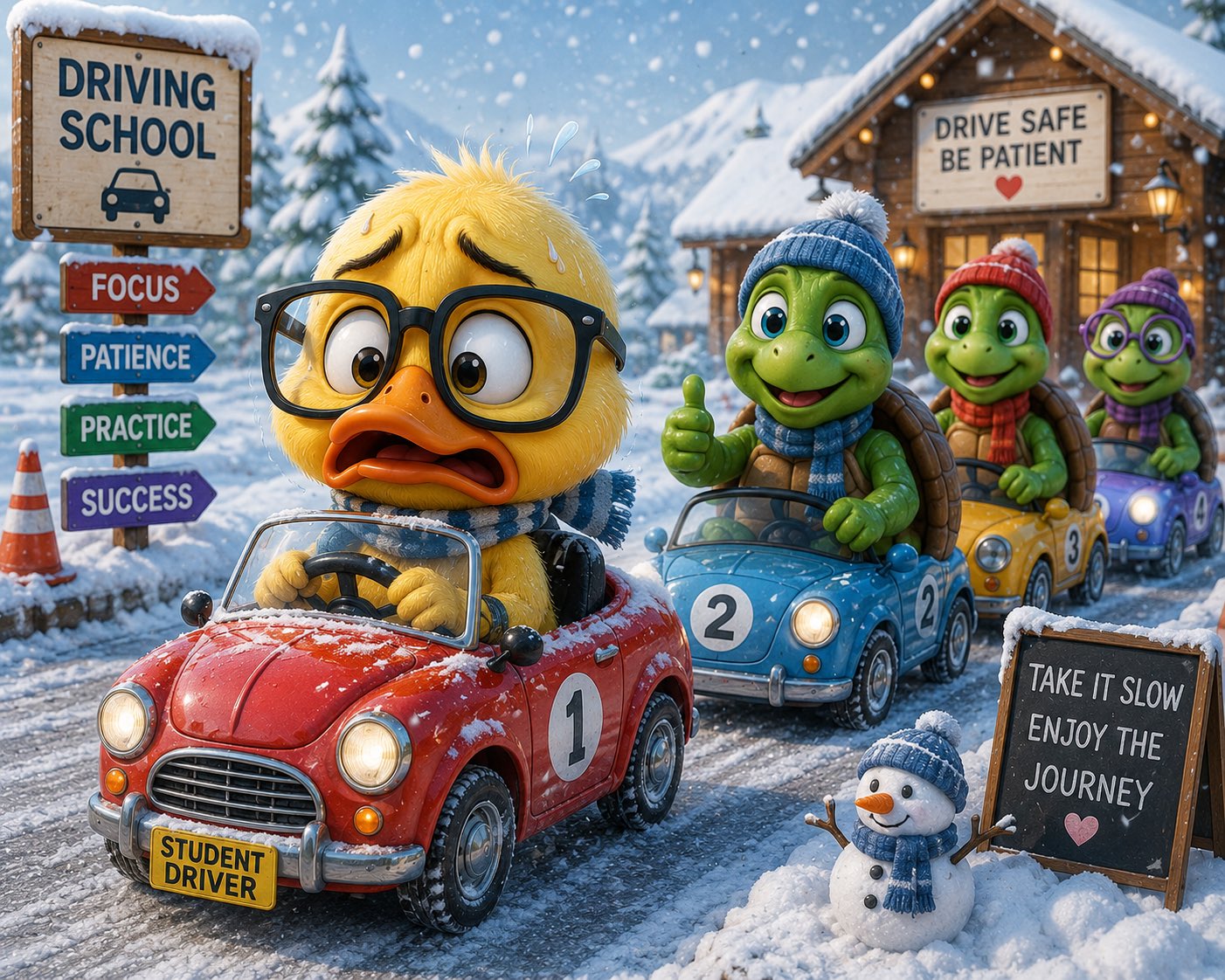 A nervous duck wearing oversized glasses attempts its first driving les… 1