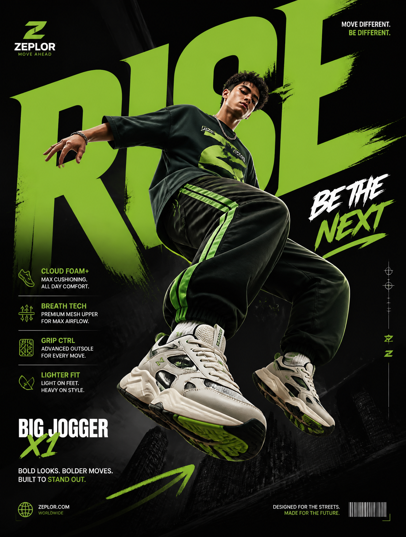 Generate a perfectly graphic designed poster of Shoe advertisement, The…