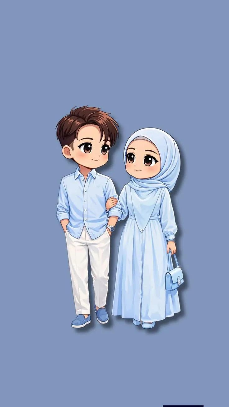 Adorable minimalist chibi Muslim couple, cute kawaii anime illustration…
