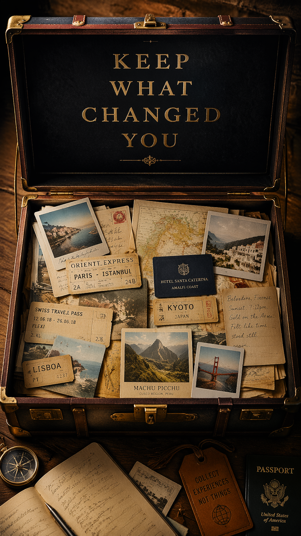 A premium 9:16 travel advertising poster.Main Subject: A luxury keepsak…