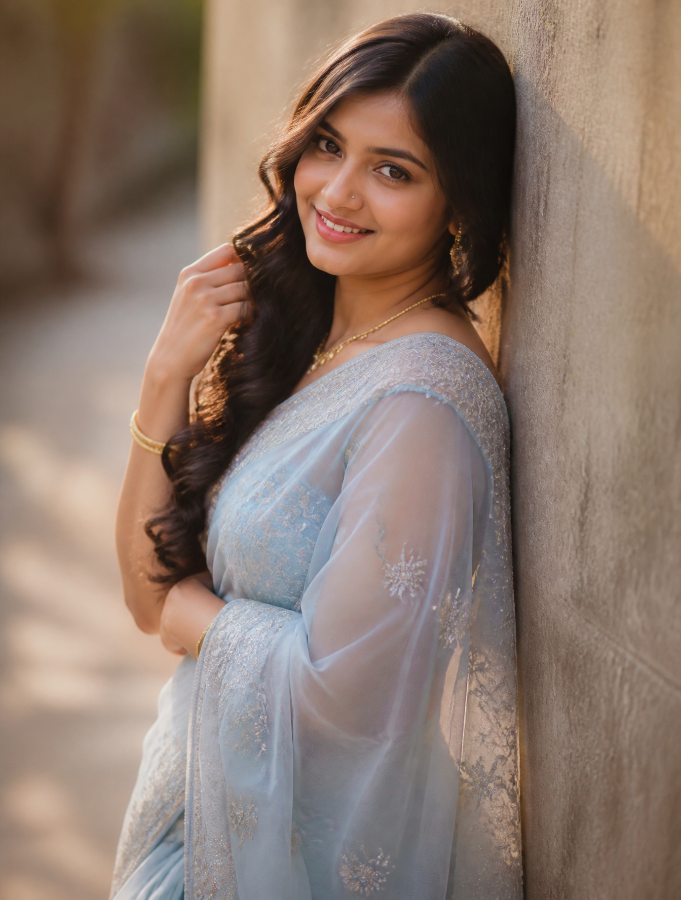 Ultra-realistic young Indian woman wearing a luxurious powder blue orga…