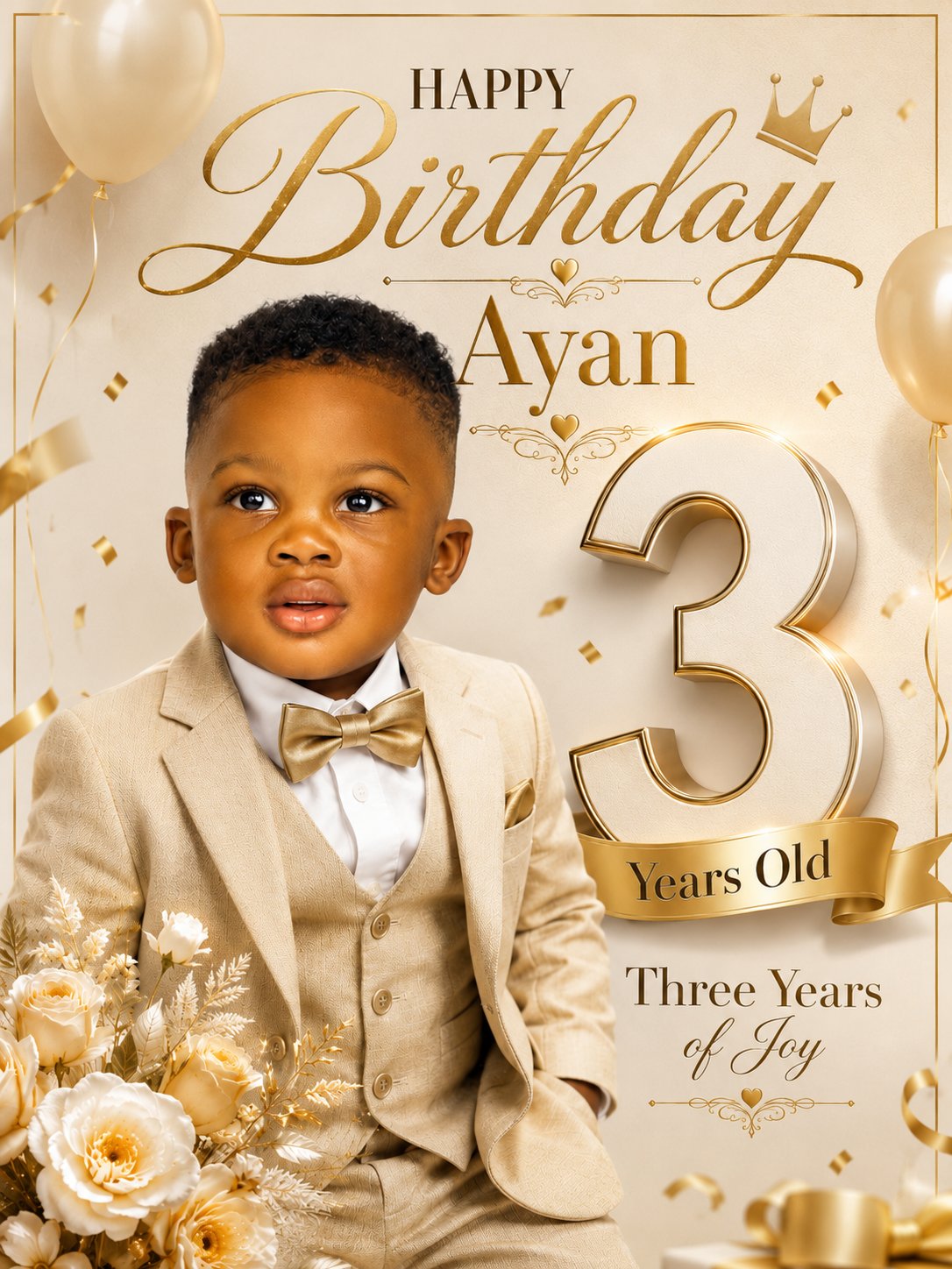 Create a premium luxury birthday poster for a 3-year-old child using th…