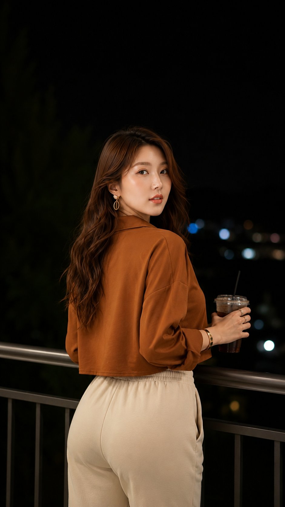 Ultra-realistic night portrait of a stylish young woman standing on a m… 1