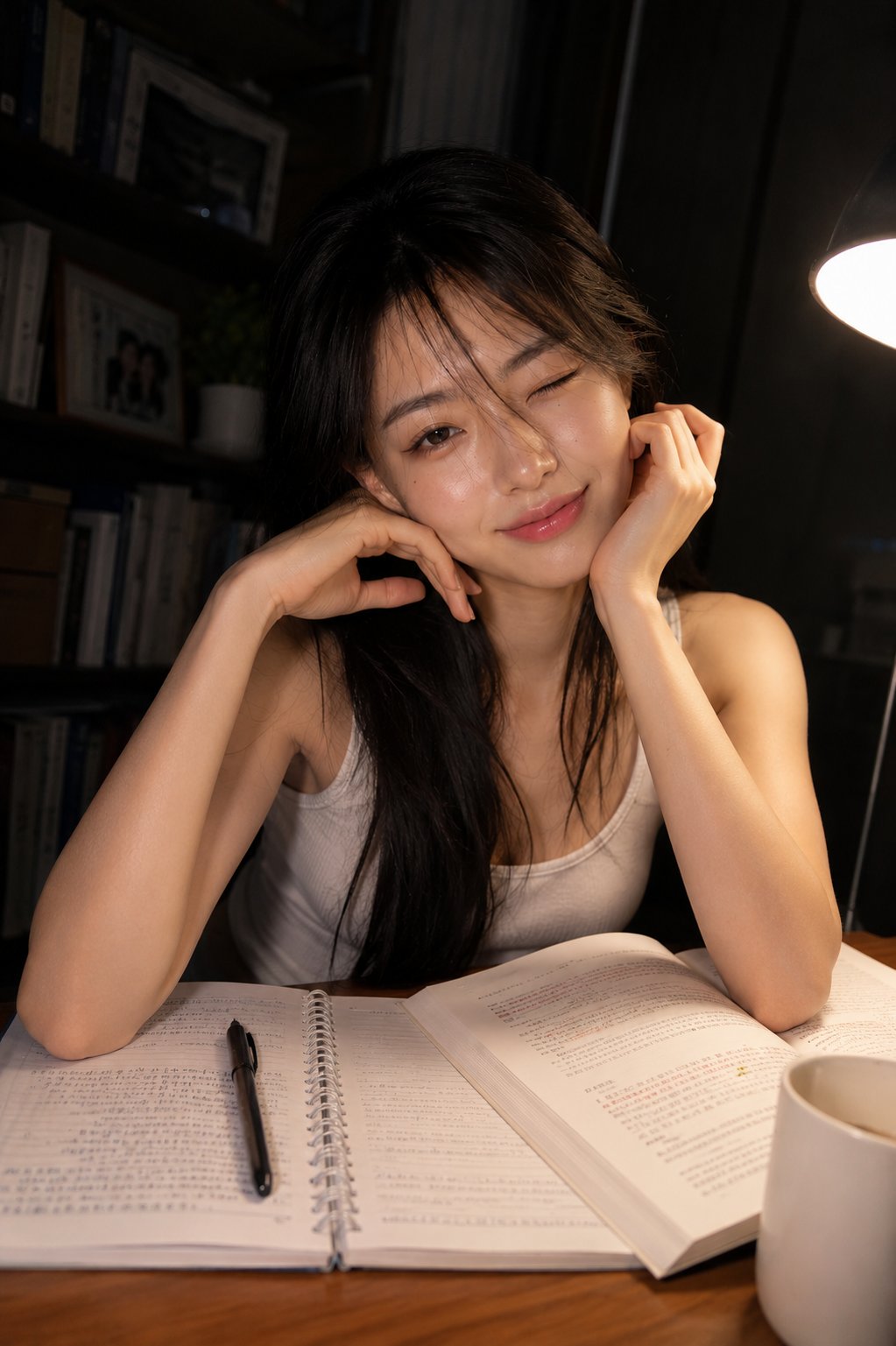A candid late-night study room portrait of a beautiful young woman sitt… 2