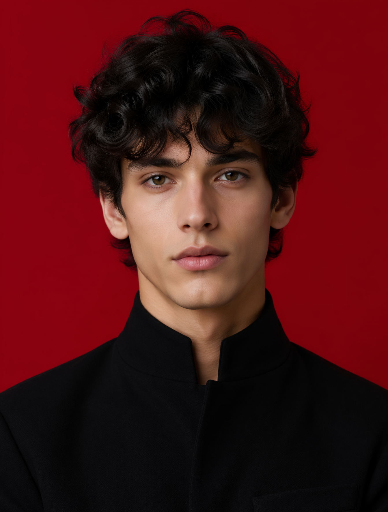 Subject & action Portrait of a young man with voluminous, textured dark…