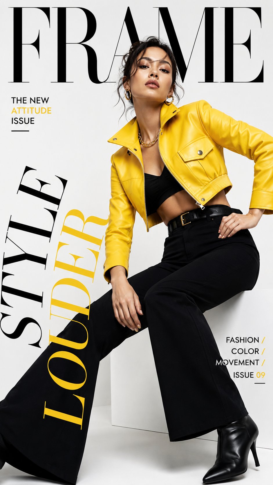Create a high-end luxury fashion campaign mockup with strong typography… 1