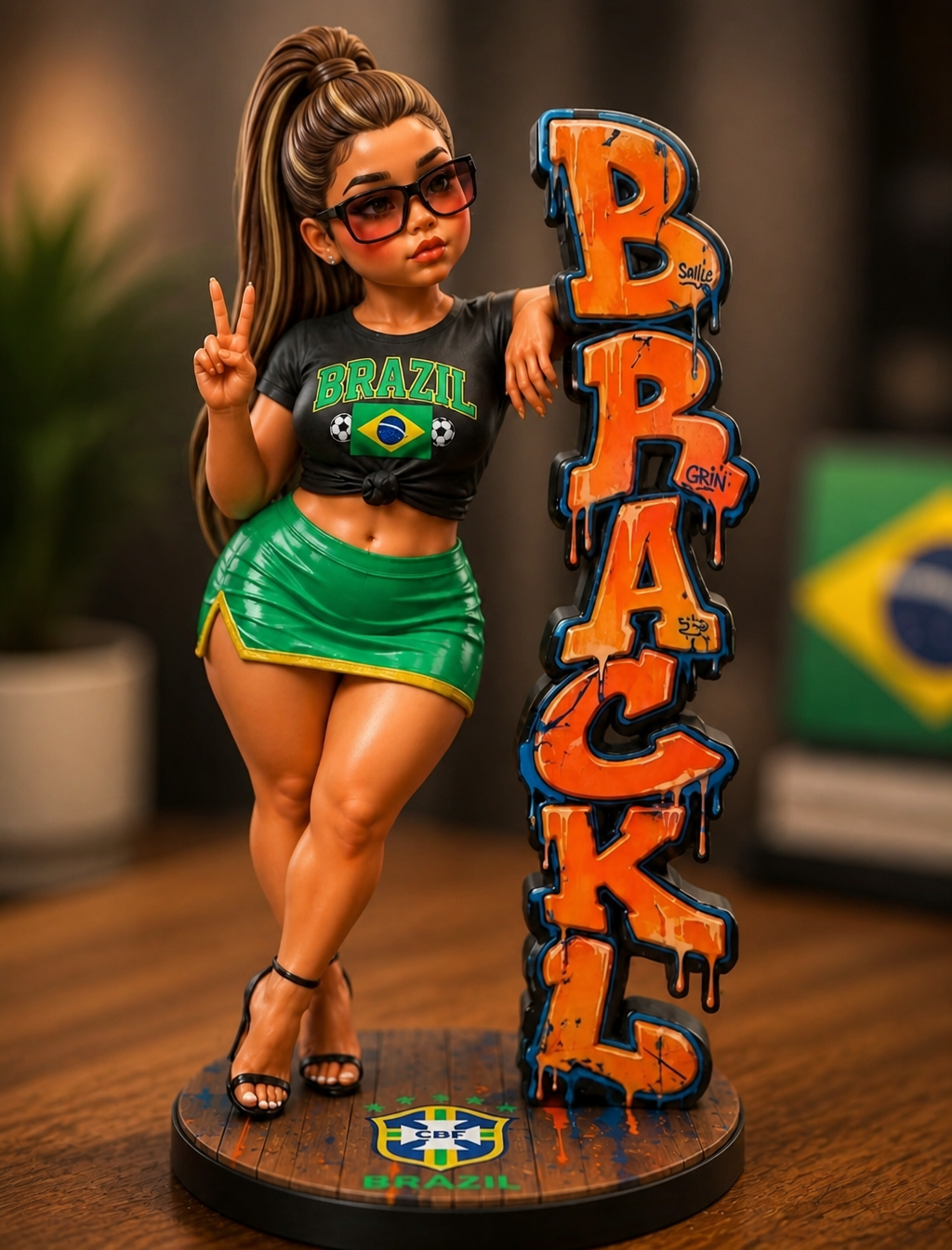 A highly detailed, stylized vinyl collectible figurine of a young woman…