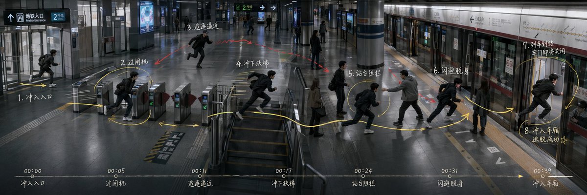参考图仅用于场景调度和动作路线参考，最终视频中不要出现任何箭头、数字、文字、圈线、时间线或手绘标记，画面必须是干净的电影镜头。 生成一段写实电…
