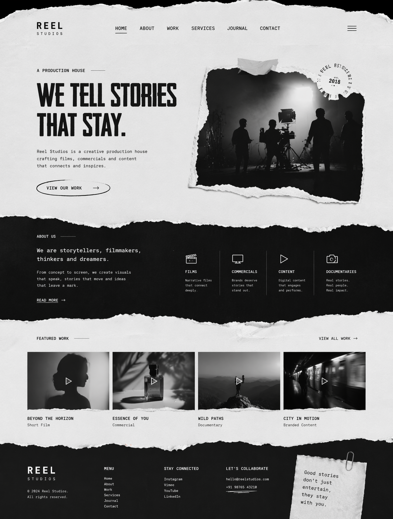 Create a torned paper style website for a production house with mono ui…