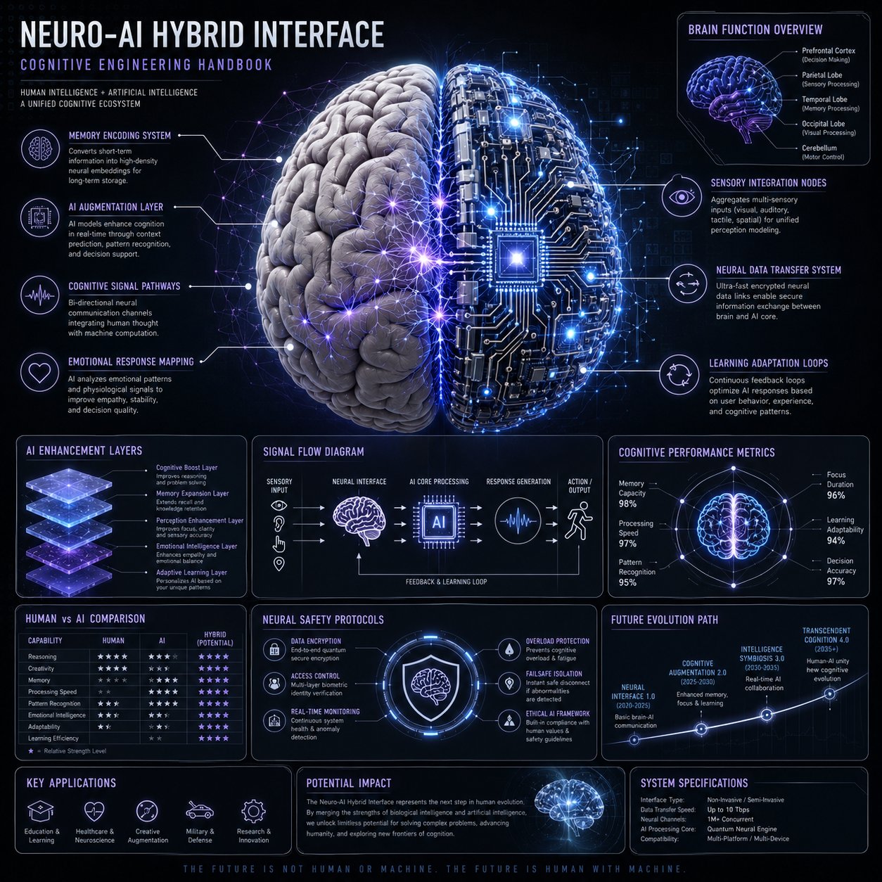 Create a premium square “neuro-AI hybrid system infographic” designed a…