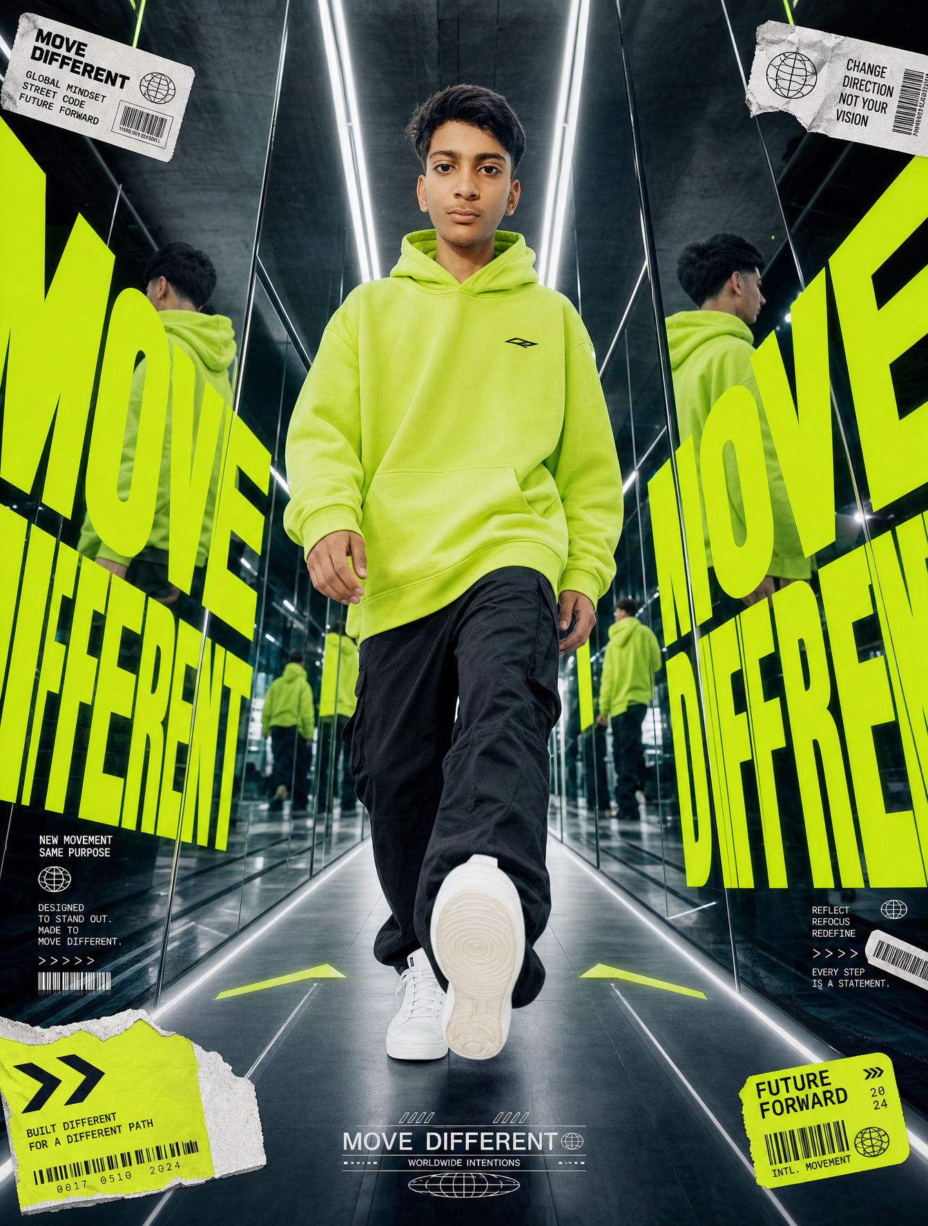 A premium 9:16 streetwear editorial advertising poster.Main Subject:A y…
