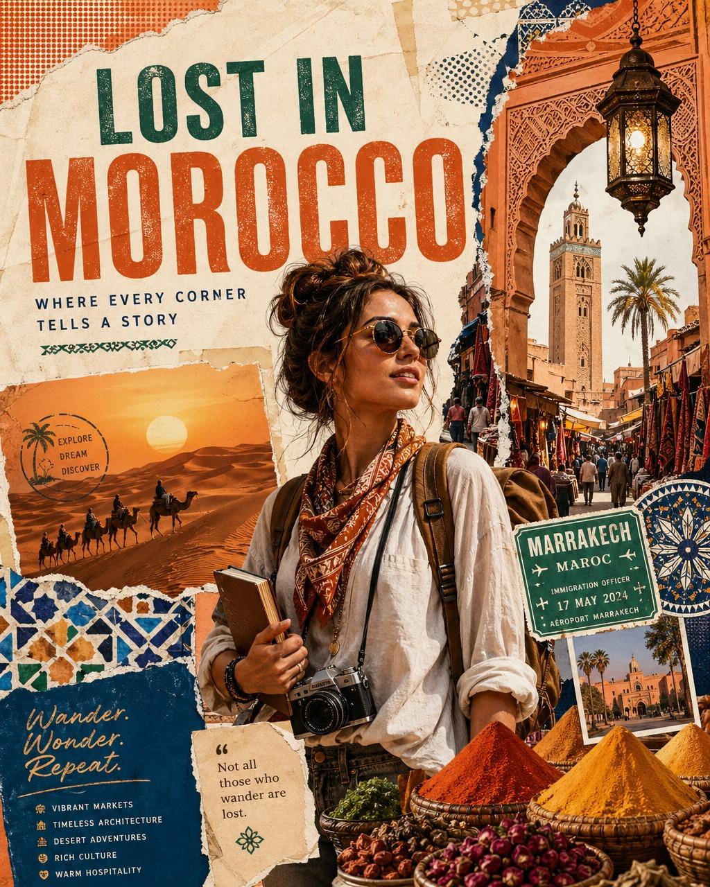 Create a premium vintage travel collage poster titled "LOST IN [COUNTRY…