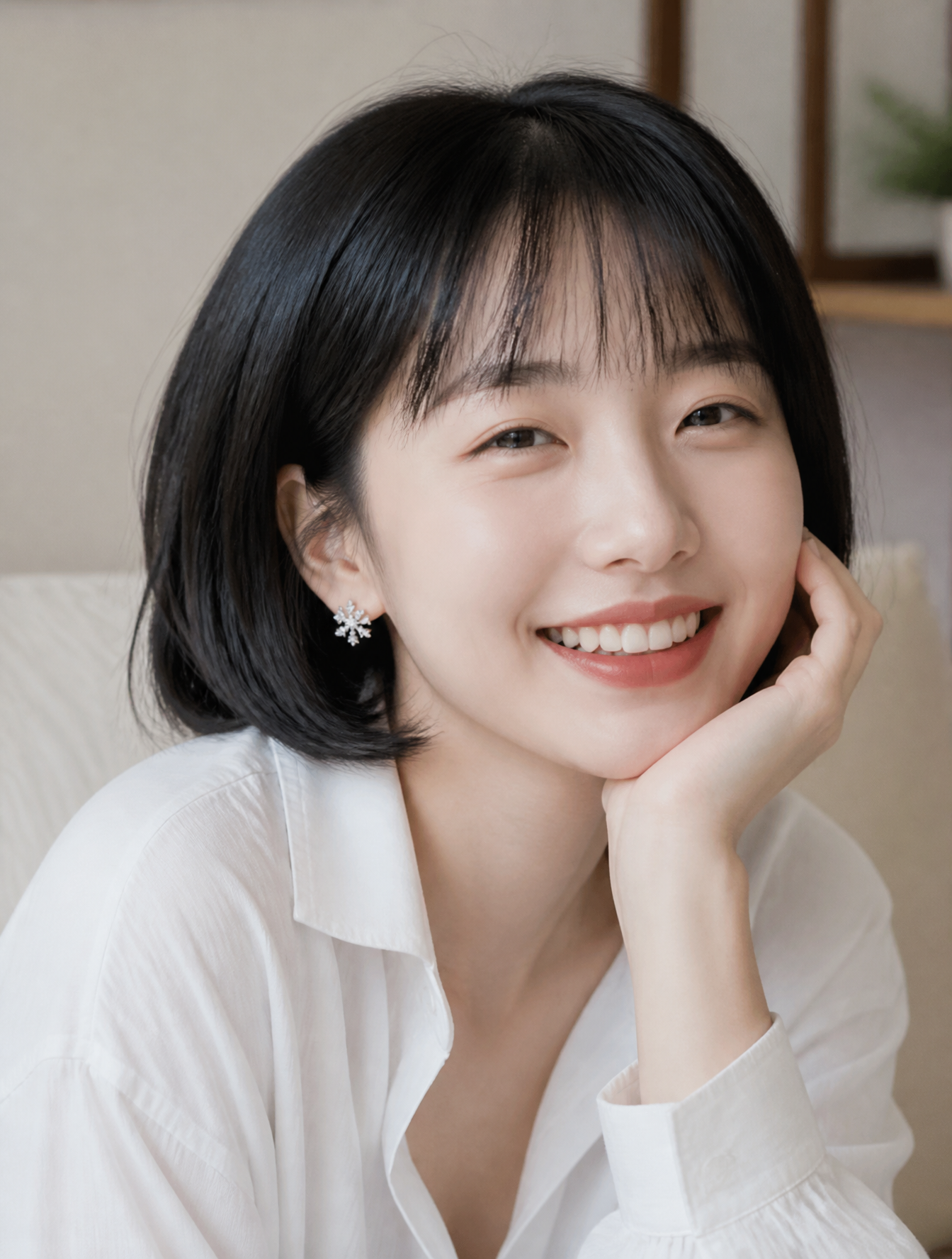 真实人像摄影，半身照，23 岁东亚年轻女生，柔和鹅蛋圆脸，柔和平缓骨相，自然齐刘海黑色短发，刘海轻薄带细碎空气感发丝，乌黑顺滑黑发。细长温柔单…
