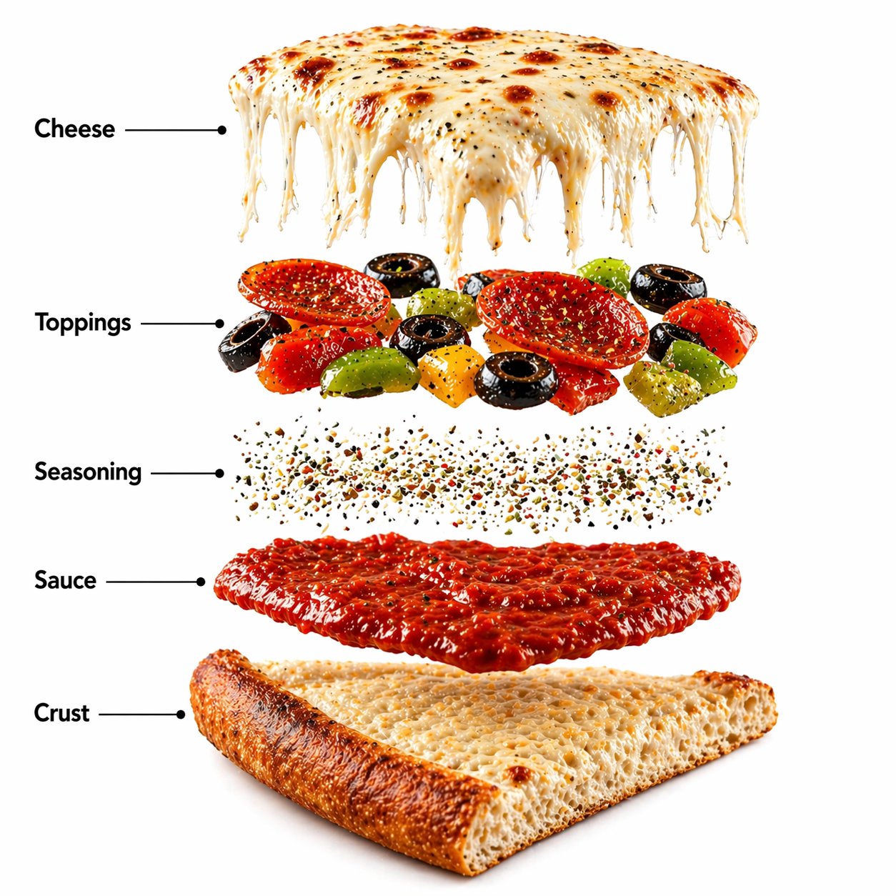 The pizza slice starts to slowly spin while the ingredients separate ge…