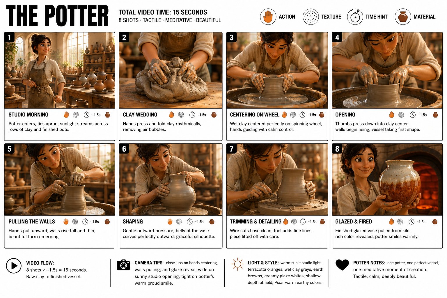 Create a crisp, clean infographic storyboard poster for THE POTTER. Wid…